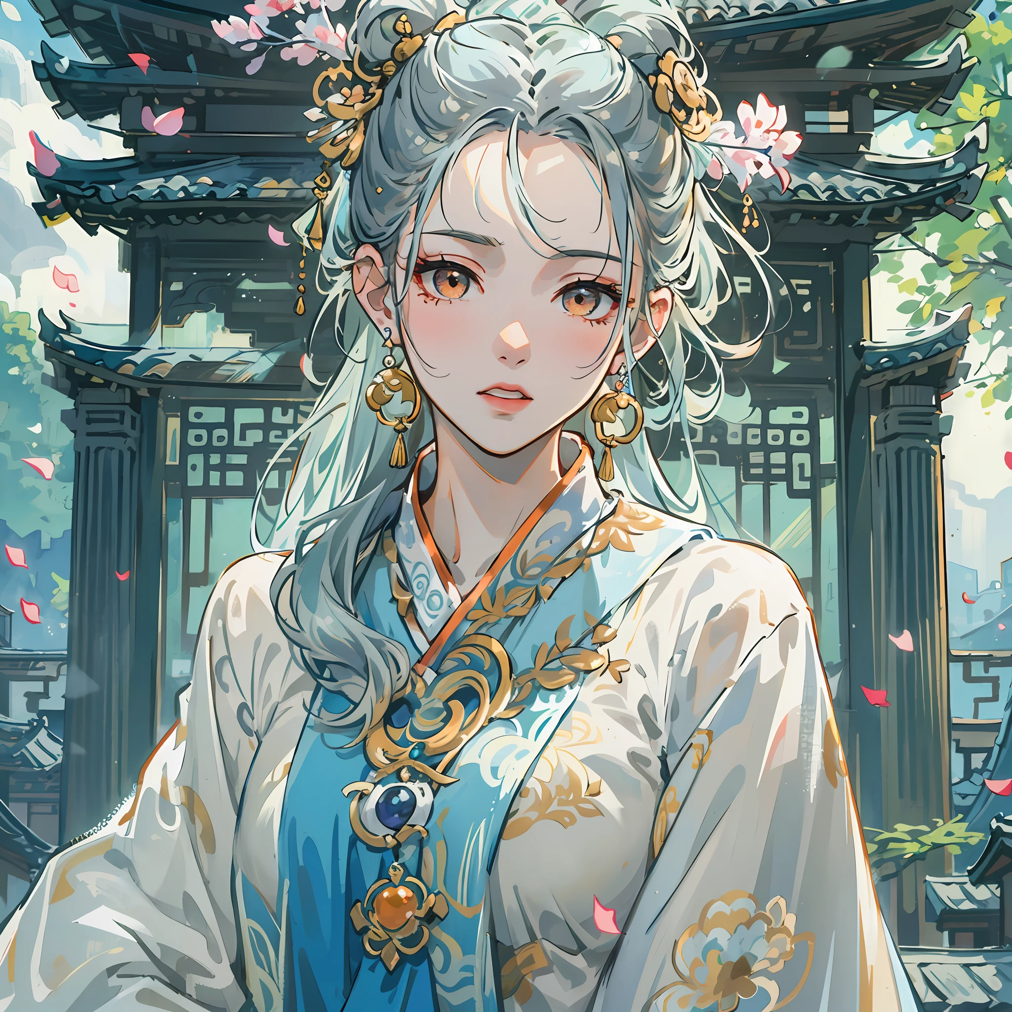 Mature girl ,Dark orange eyes,Blue-white hair color,Floating hair,Delicate and agile eyes,Intricate damask hanfu,Gorgeous accessories,Wearing pearl earrings,fov,f/1.8,tmasterpiece,Ancient Chinese architecture,blue-sky,Petals flying,Frontal portrait shot,Chang'e,Side lighting,The sun shines on people,16k