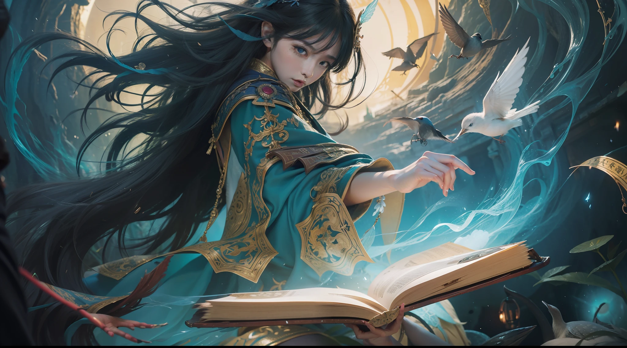 Magic Book,Blood,Night, Dark, (Fantasy),infinite,deep blue sky,The abyss of knowledge,Cowledge,((masutepiece)), (((Best Quality))),((Beautiful fine eyes)),(Eye lashes)、Beautiful girl riding phoenix、(女の子1人)、Perfect human body structure、Black hair、The long-haired、abyss eyes、glowy skin、oils、small tits、(Bird body、pluma)、Wizard robes、tattered cloth、Realistic coat、Teenchi、elvish、Super delicate CG Unity 32k wallpaper、​masterpiece, ((ultra-detailliert)), ((illustratio)),colourfull,wall-paper,The energy,Unknown terror,Incomprehensible,Around the magic,Magical surroundings,magic wands,Boken,Flying pages,Know everything,Predict the future、Get to know the past、Infinite wisdom、blue flames、Warlock、magic circles、Pentagram、Spells、mantra、Singing magic