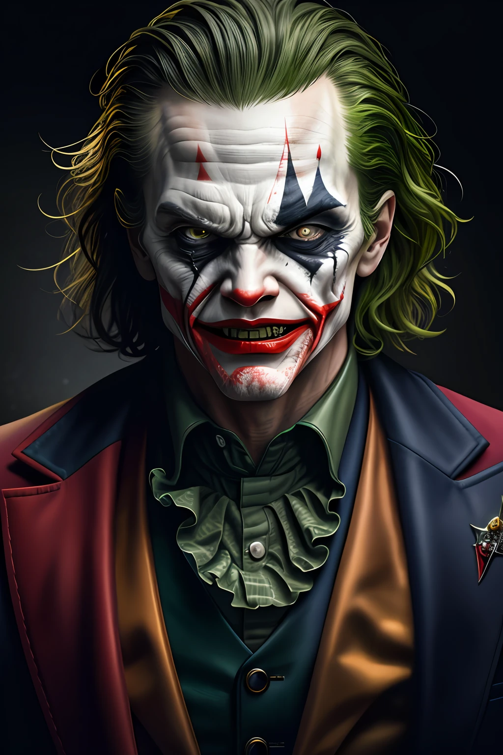 (8K, photo in RAW format, beste-Qualit, tmasterpiece: 1.2), a closeup of a, angry and screaming, ultra- detailed, official arts, photorealestic:1.37, upper body face shot, DC Joker смеется, film grains, action pose