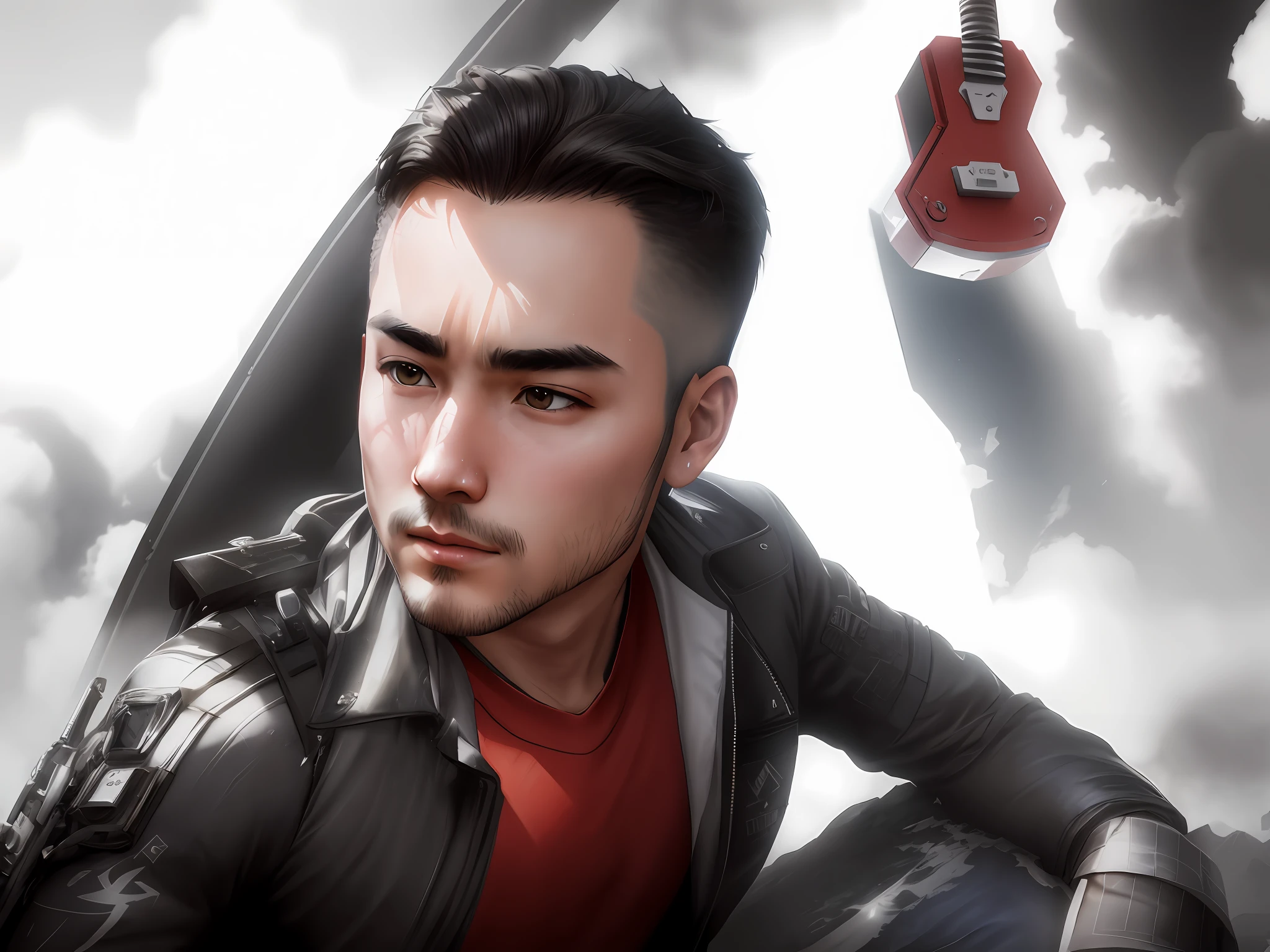 A boy of about 23 years old，in blouse wearing，Wear white underneath，slight scowl，The corners of his mouth rose，thick eyebrow，二重まぶた， Impeccable，the Sun Shining，Extreme detail, hdr (HighDynamicRange),Ray tracing,NVIDIA RTX,Hyper-Resolution,Unreal 5,Subsurface dispersion, PBR Texture, Post-processing, Anisotropic filtering, Depth of field,  Maximum clarity and sharpness, Many-Layer Textures