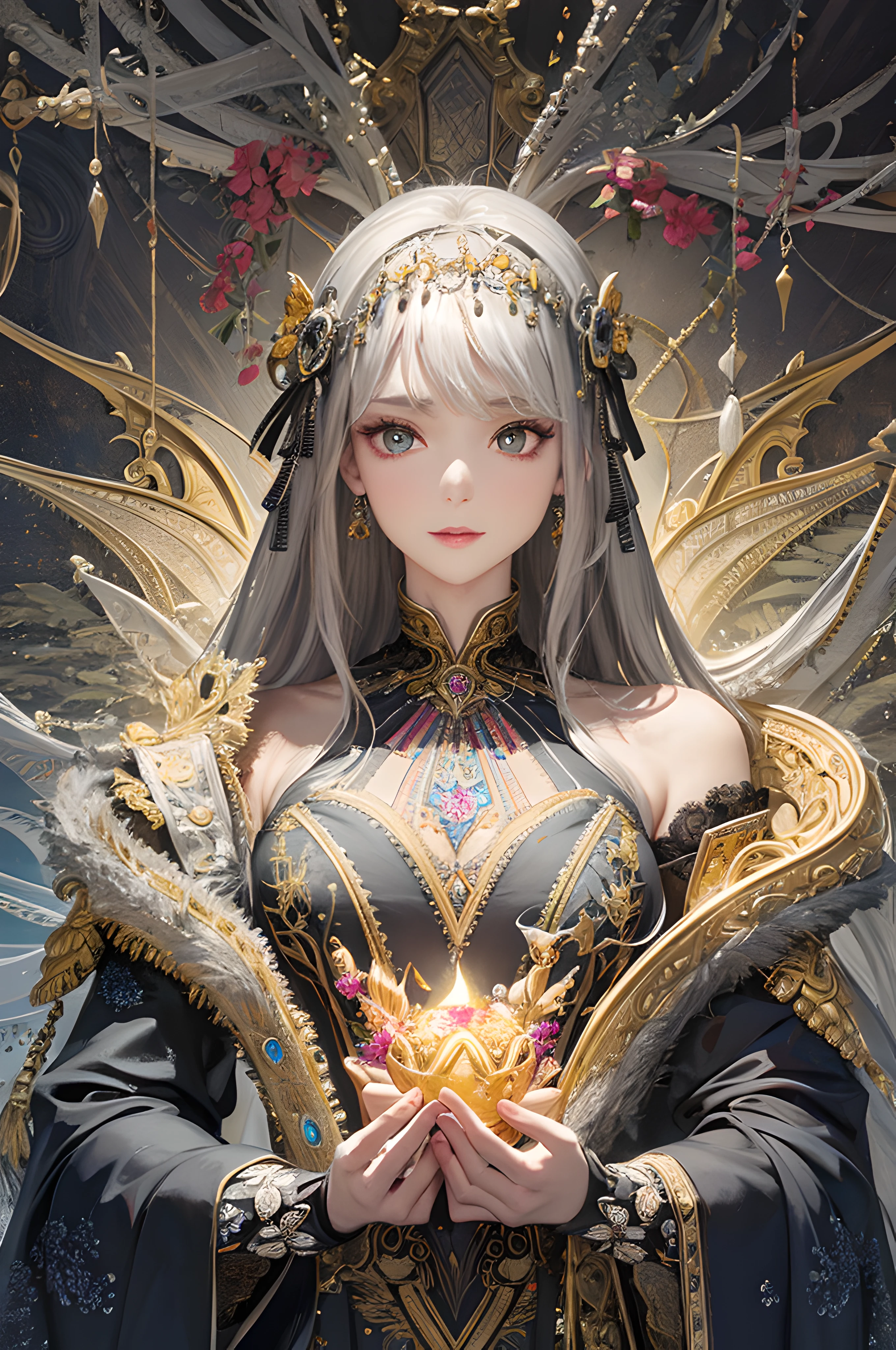 Super detailed facial and body details of gray hair woman,(tmasterpiece,top Quority,best qualtiy,offcial art,Beauty and aesthetics:1.2),(1girll),Extremely detailed,(s fractal art:1.3),Extremely colorful,Most detailed
