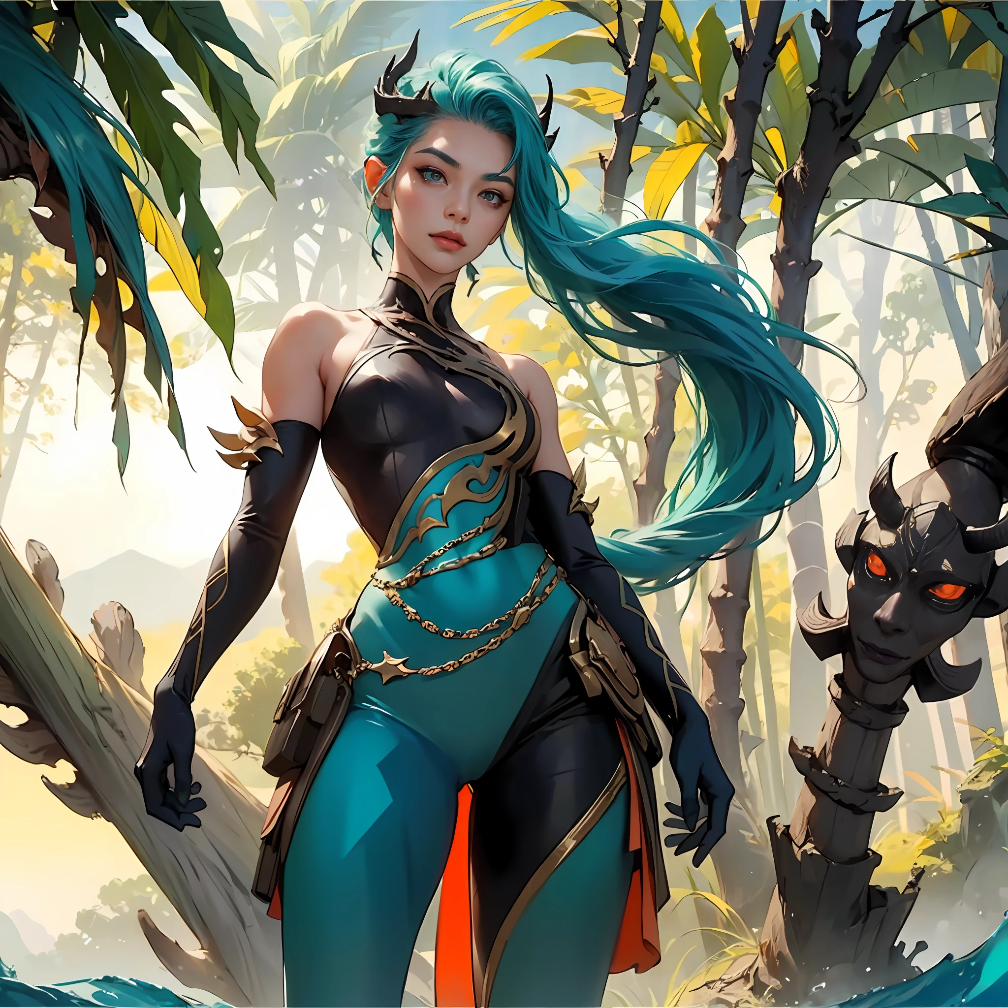 ((A tall girl stands upright, holds his hand in front of him and points forward;)), peeking out from under his forehead, BREAK, (Dark background, Bamboo forest), (Slim_thights:1.3), ((big breastes)), Slender_thights, aqua hair, 1girl, 独奏, (Miniature body:1.4), generous cleavage, detailed anatomy, the perfect body, Detailed body, detailized face, Beautiful anatomical eyes. BREAK Kaisa Dragon Lagoon, The BREAK is very detailed, Intricately detailed art, Artstation's Detailed Triadic Color Trend in Unreal Engine 5, 8K resolution, deviantart masterpiece.