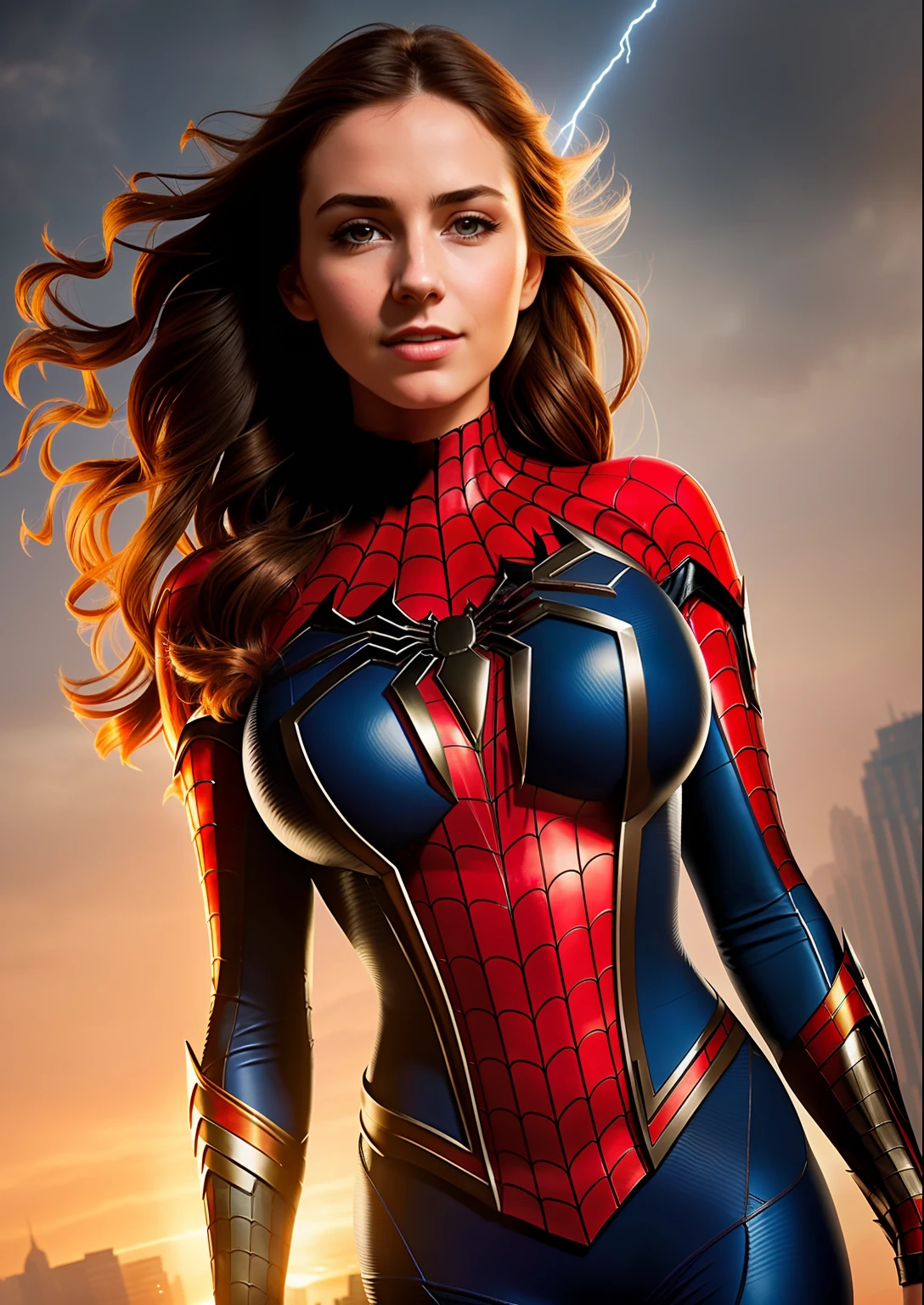 Beautiful woman of European appearance in a detailed Spider-Man costume, big breastes, laughting, ssmile, Joyful, Portrait on the background in a ruined city at sunset, hyper-detailing, Smoke, sparks, sunlight rays (8 thousand), Realistic, Symmetrical, Award-winning, Cinematic Lightning, impregnated with film, 75 mm, scratches, a closeup of a, torn and dirty clothes, detailized face,