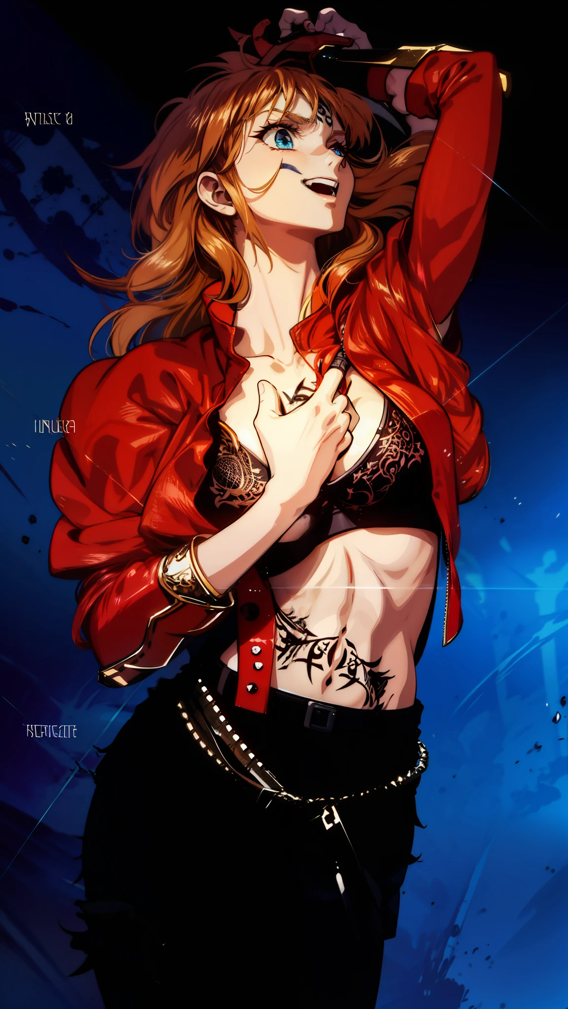 Boadicea, red-haired Viking warrior with Nordic armor and rune tattoos on her body and blooming blue eyes holding an axe, 4k