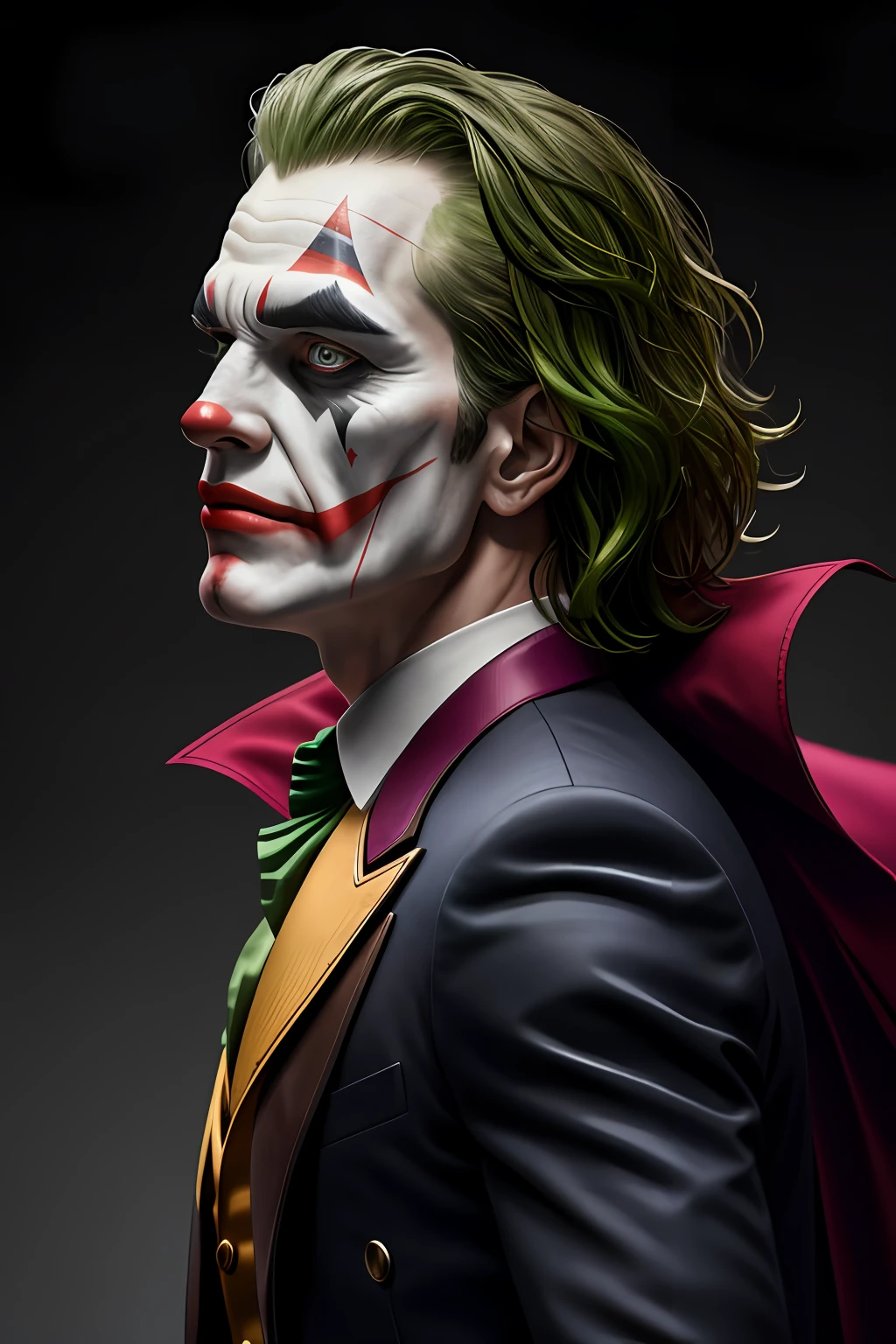 (8K, photo in RAW format, beste-Qualit, tmasterpiece: 1.2), a closeup of a, ultradetailed, official arts, photorealestic:1.37, upper body face shot, DC Joker смеется, film grains, action pose