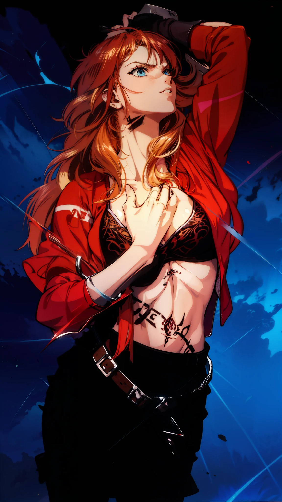 Boadicea, red-haired Viking warrior with Nordic armor and rune tattoos on her body and blooming blue eyes holding an axe, 4k