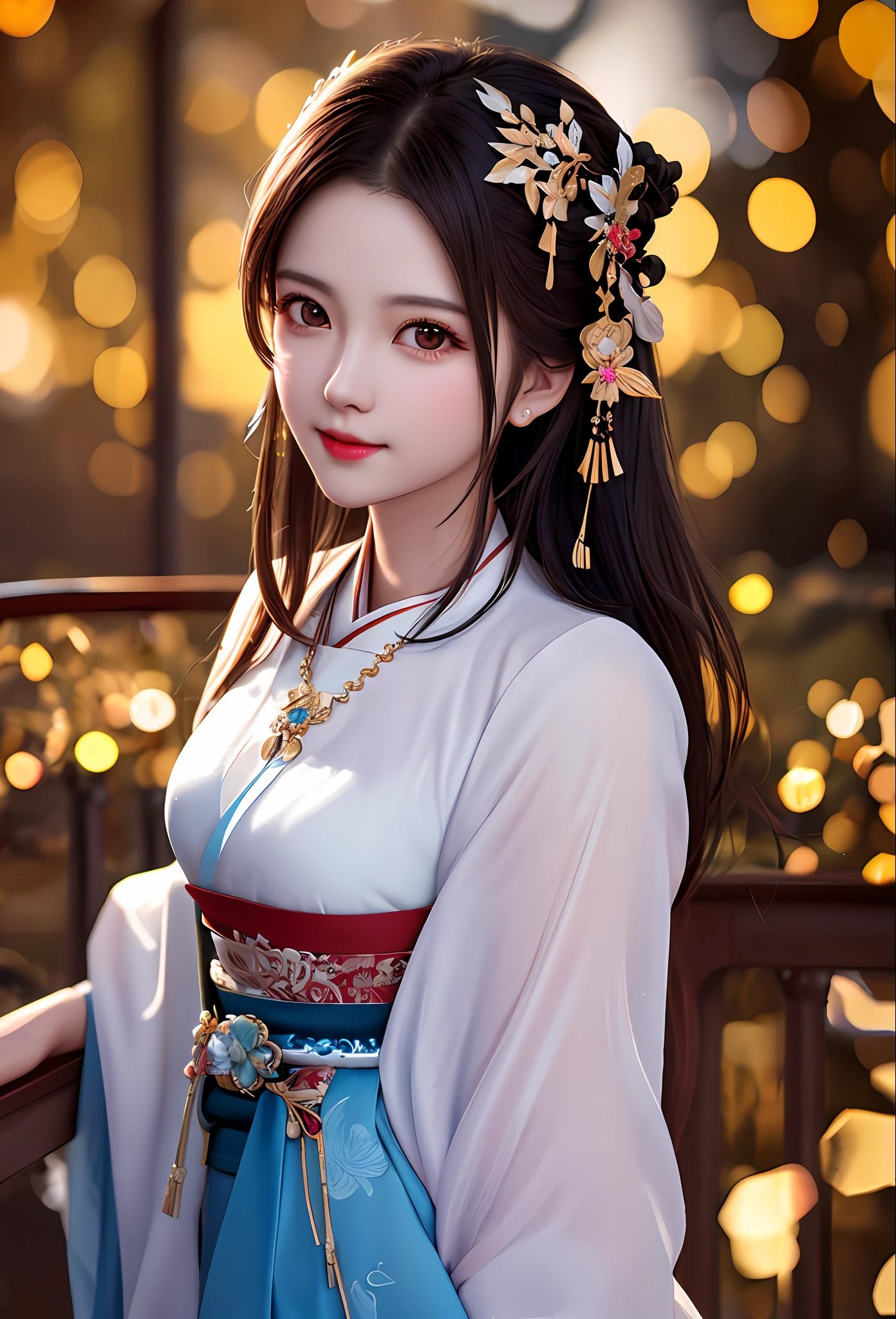 best quality, masterpiece, highres, 1girl,blush,(seductive smile:0.8),star-shaped pupils,china hanfu,hair ornament,necklace, jewelry,Beautiful face,upon_body, tyndall effect,photorealistic, dark studio, rim lighting, two tone lighting,(high detailed skin:1.2), 8k uhd, dslr, soft lighting, high quality, volumetric lighting, candid, Photograph, high resolution, 4k, 8k, Bokeh