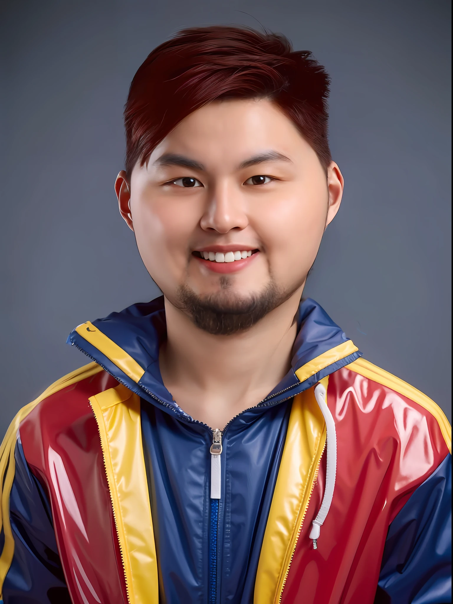 Chinese male high school student，Wearing PVC light blue tracksuit