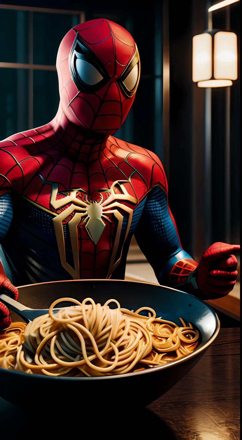 spiderman eating noodles, octane render, unreal engine, highly detailed, intricate