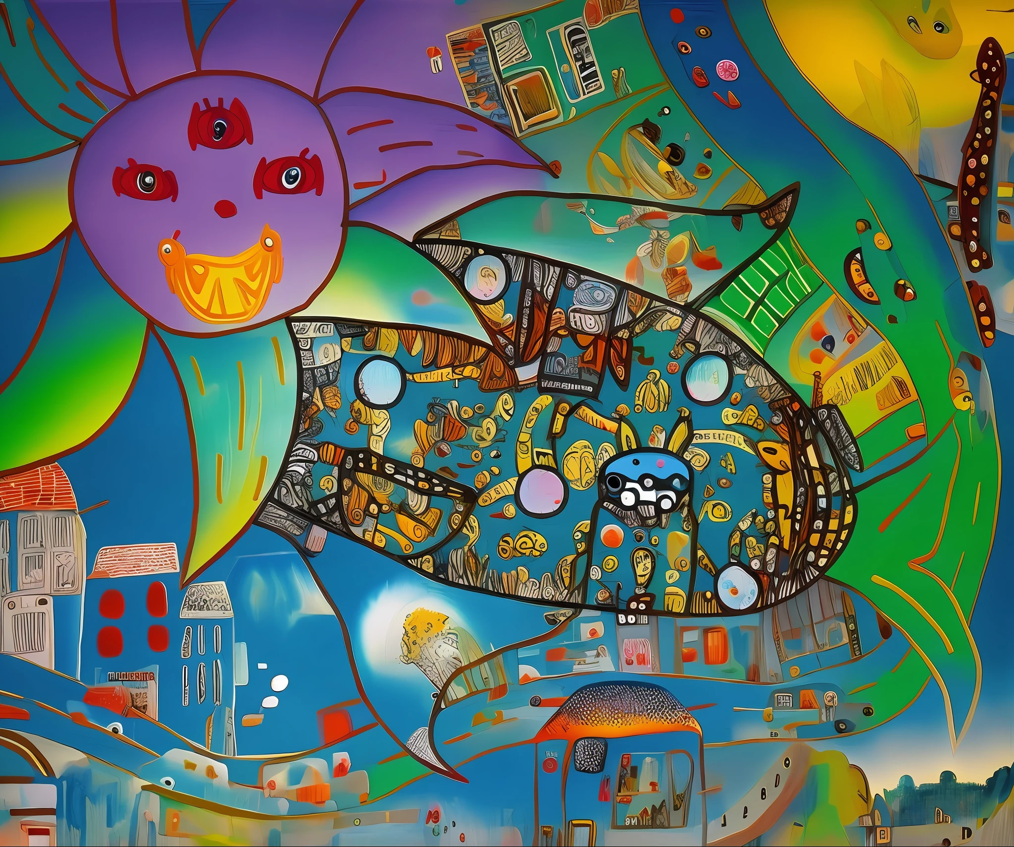 Painting of colorful fish with city as background, Inspired by Grayson Perry, inspired by Takashi Murakami, inspired by Gary Panter, Inspired by Murakami, collaborative artwork, outsider art style, inspired by Kagaku Murakami, art brut!!!, inspired by Marcel Chagall, inspired by Taro Okamoto, inspired by John Perceval