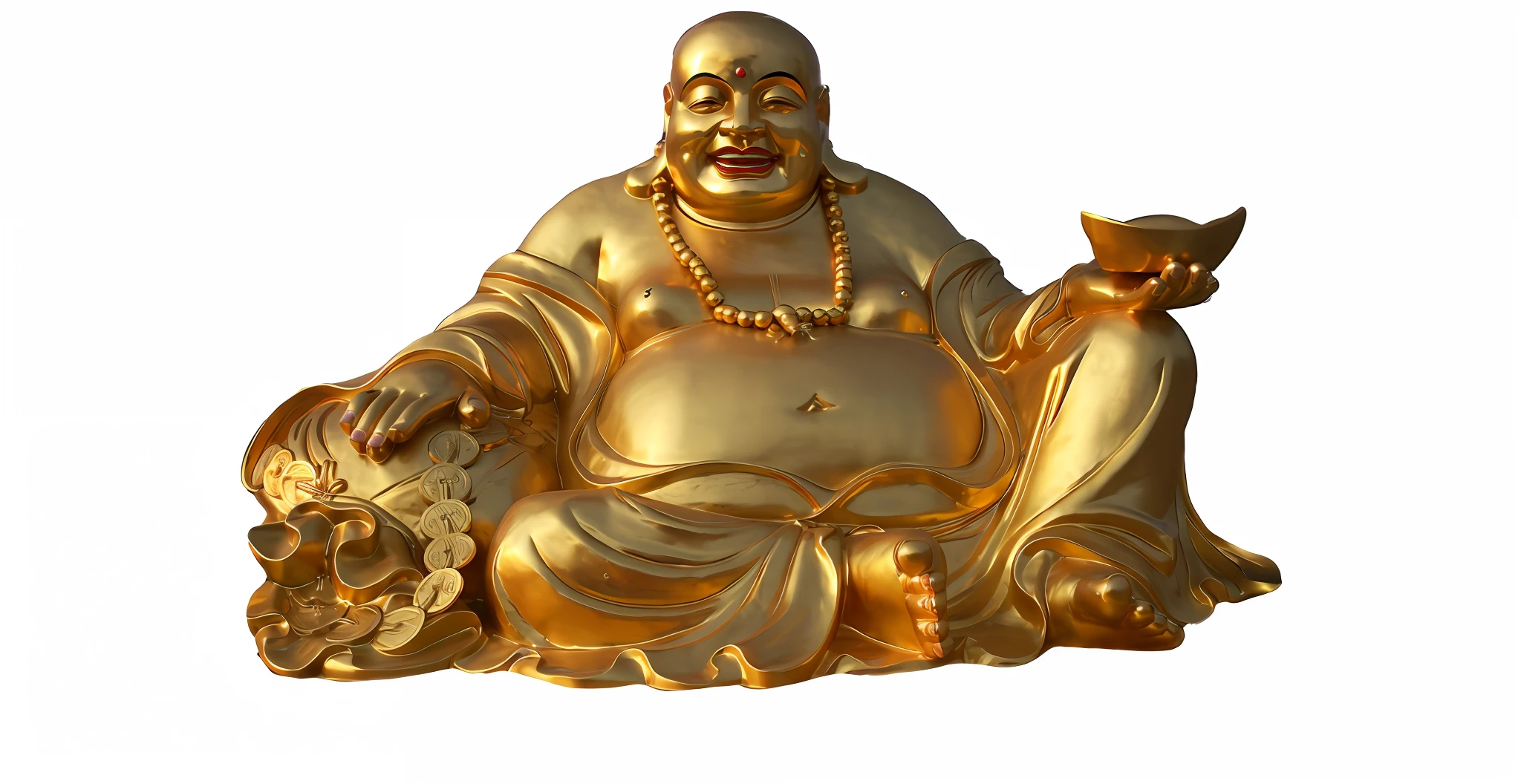 Alawi Smiling Buddha statue, Buddha, God of Wealth, Buddhism, a Buddhist Buddha, Buddhist, sculpture made of gold, shui mo hua, gold, hotei is on the table, japanese god, author:Shen Zhecai, gilded with gold, lie on a golden stone, sukhasana, a statue