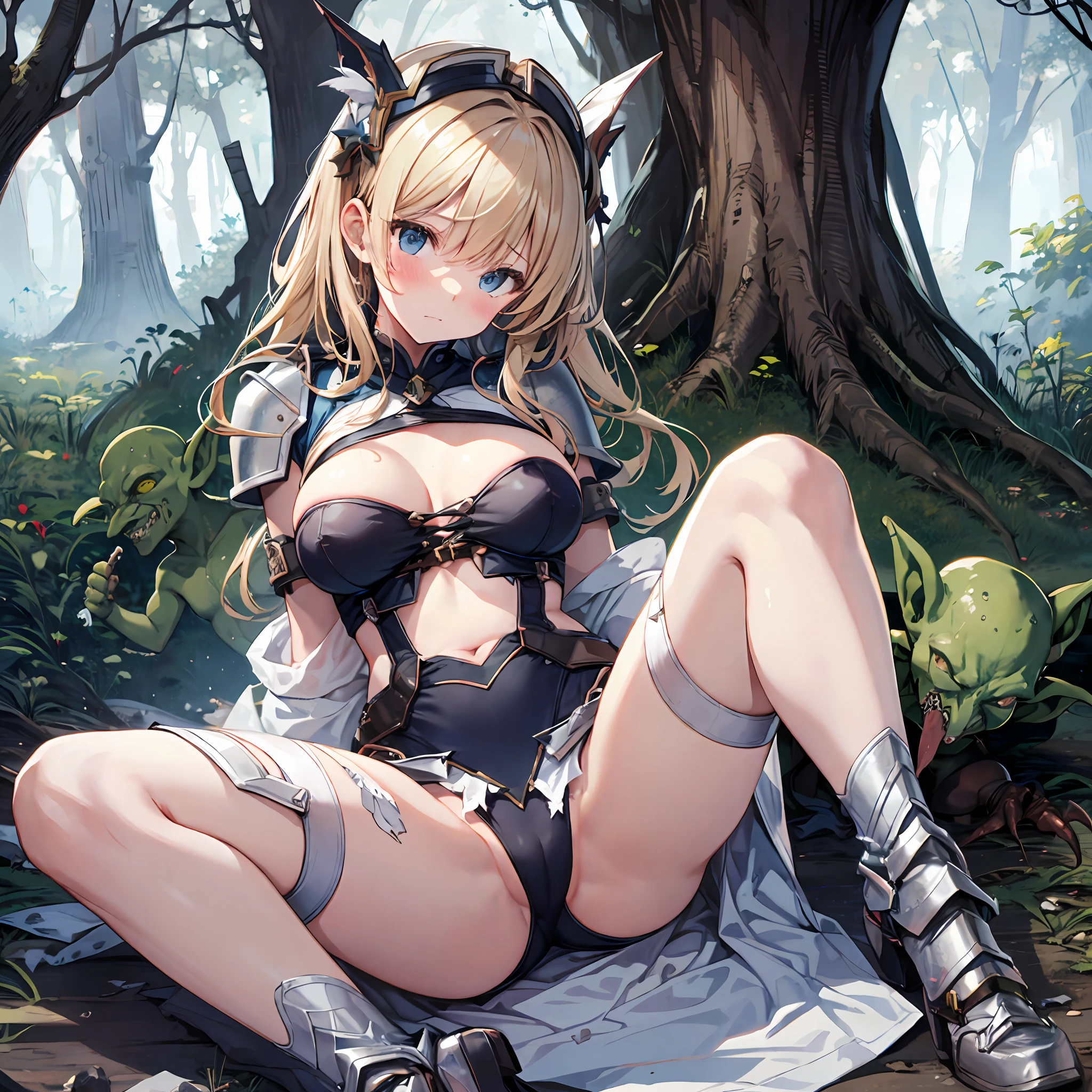 NSFW、masterpiece, top-quality, The ultra -The high-definition, Top resolution, ighly detailed, profetional lighting、animesque、1 girl in、A slender, Very cute, Young face, Hands are restrained、Armored dress, Blue and white armor、White inner、Golden decoration、ripped clothing、Wet clothes、Sheer clothes、Fluffy breasts、blonde hair, blue eyess, crying how bright、tears、lie on one's side、opening legs、raise her legs、cleavage of the breast、 (Multiple Goblins:1.5)、Attacked by goblins、in woods
