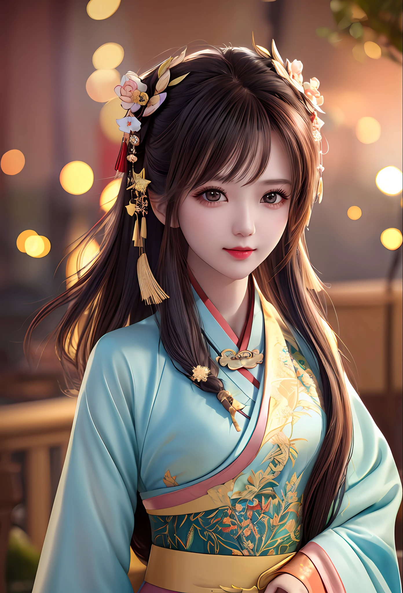 best quality, masterpiece, highres, 1girl,blush,(seductive smile:0.8),star-shaped pupils,china hanfu,hair ornament,necklace, jewelry,Beautiful face,upon_body, tyndall effect,photorealistic, dark studio, rim lighting, two tone lighting,(high detailed skin:1.2), 8k uhd, dslr, soft lighting, high quality, volumetric lighting, candid, Photograph, high resolution, 4k, 8k, Bokeh