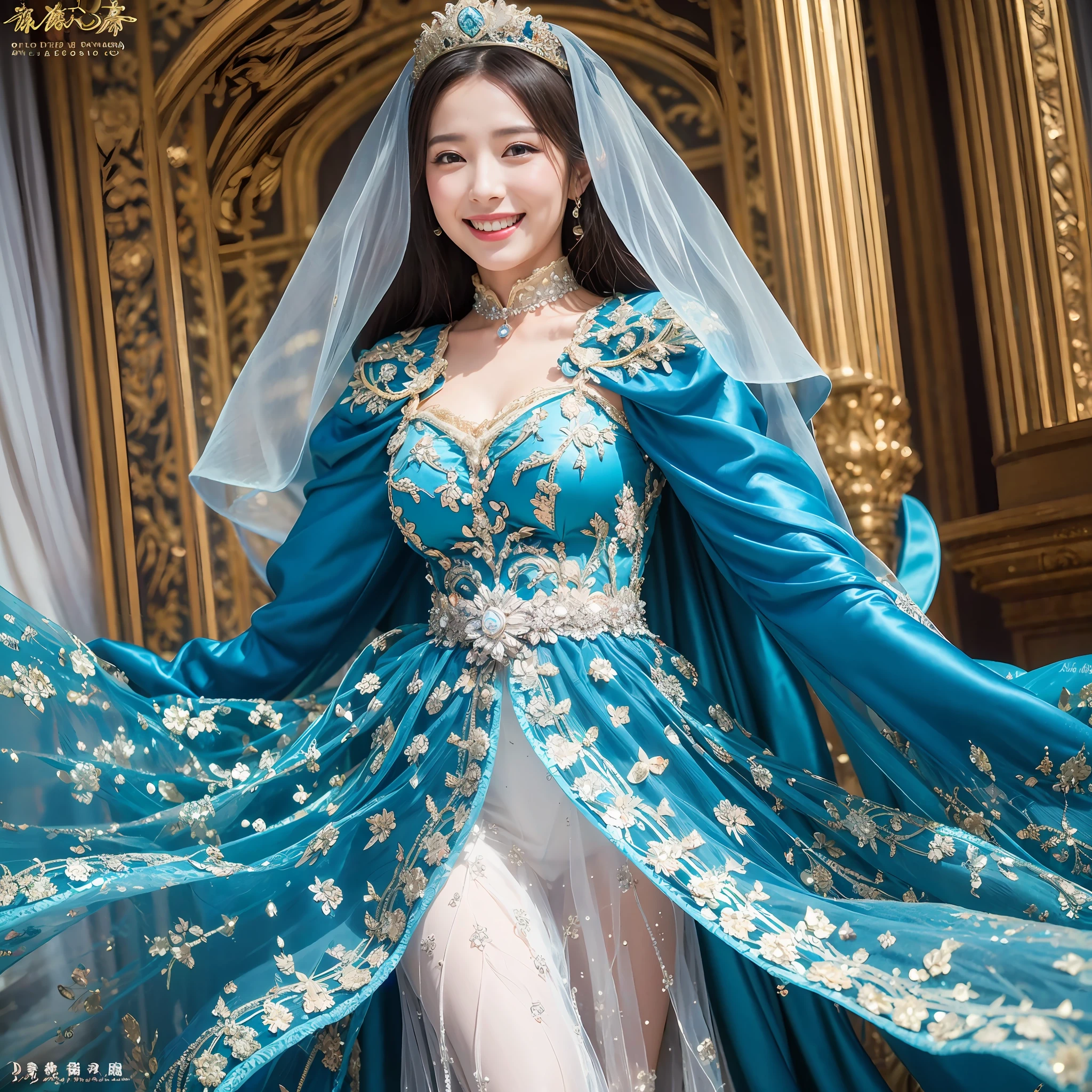 Alafi woman in blue dress with veil and tie, a beautiful fantasy empress, smiling as a queen of fairies, Photograph Taken on Nikon D750, Photo taken with Nikon D 7 5 0, gorgeous woman, fantasy long intricate gown, royal elegant pose, beautiful female princess, chinese princess, ((a beautiful fantasy empress))