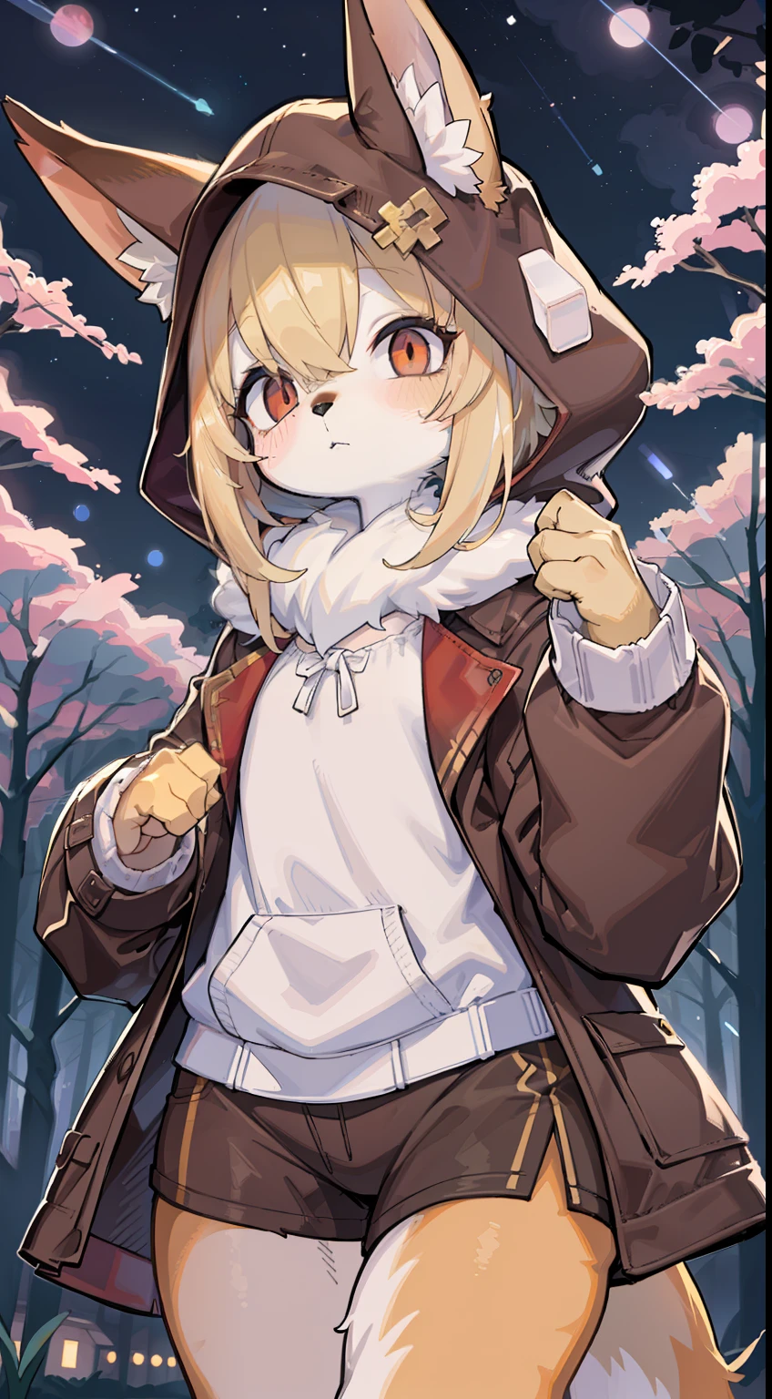 Fox Boy,hairy pubic,shaggy,Skin fur,Golden fur,Golden yellow face fur,Short straight blonde hair,Eyes have light,Red eyes,Brown elements on fur,Brown coat brown hood up,Star pattern white top,brown shorts,Beautiful lights and shadows,Ambient light,Ultra-fine fur,volumettic light,Night,natural lightting,Fluffy tail,Night,starrysky,Vast landscape,crossed bangs, Hairline, Shiny hair, lone nape hair, ,Dilated pupils,Sleepy,(moon full:1.2),(meteors:0.9),(Starcloud:1.3),Inside the cherry blossom forest,Cherry blossoms fall,(Warm light source:1.2),(glowworm:1.2), Purple and orange,Complicated details,Volumetriclighting,Realist breakthrough(tmasterpiece:1.2)(best qualtiy),4K,Ultra-delicate,(Dynamic configuration:1.4),Highly detailed and colorful details,(Irridescent color:1.2),(luminouslighting,Atmospheric lighting),dream magical,magic,(独奏:1.2)Glowing light,Empty eyes, cowboy shot