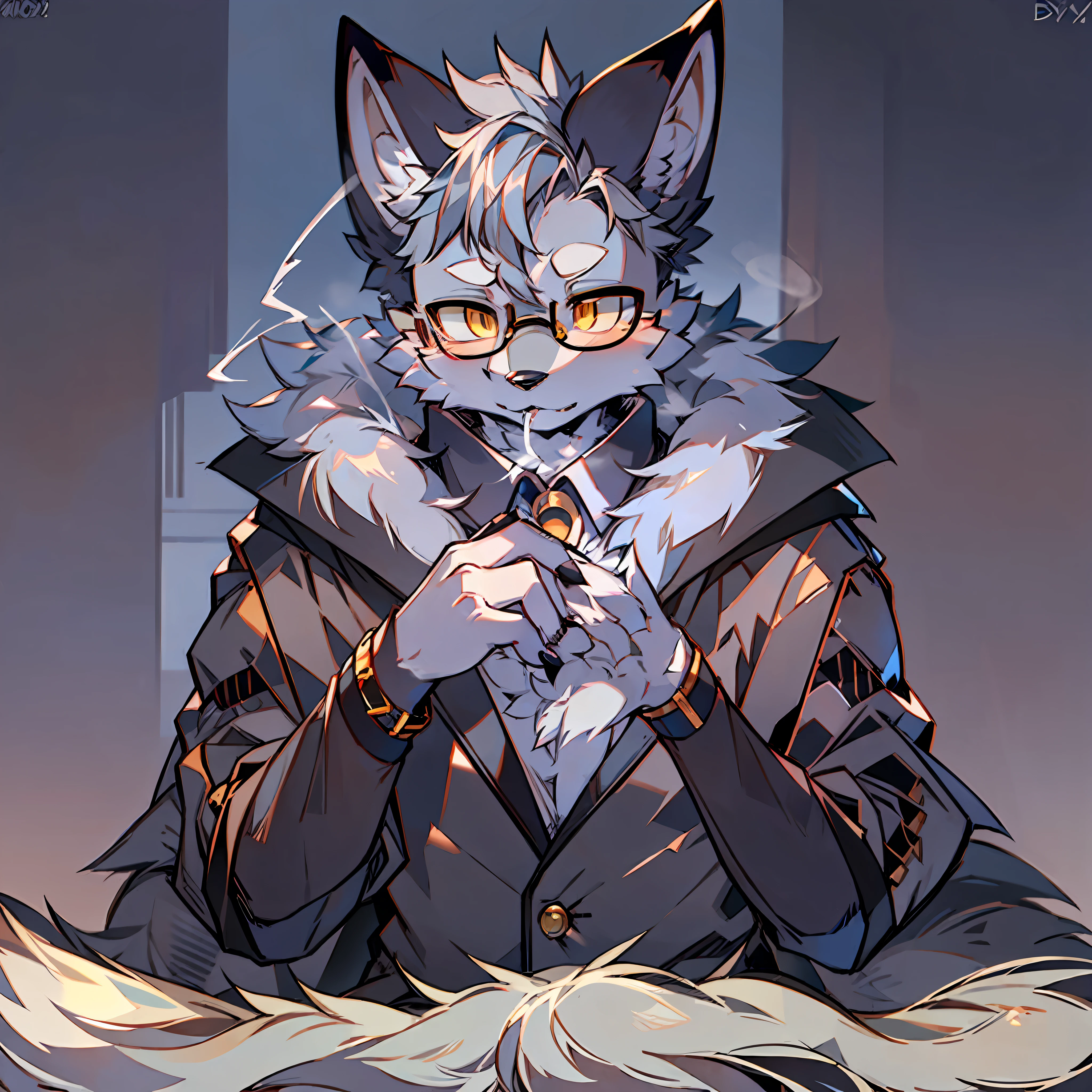 Single, furry male, furry, fox, arctic fox, canine, gray-black fur, golden eyes, glasses, smoking, detective