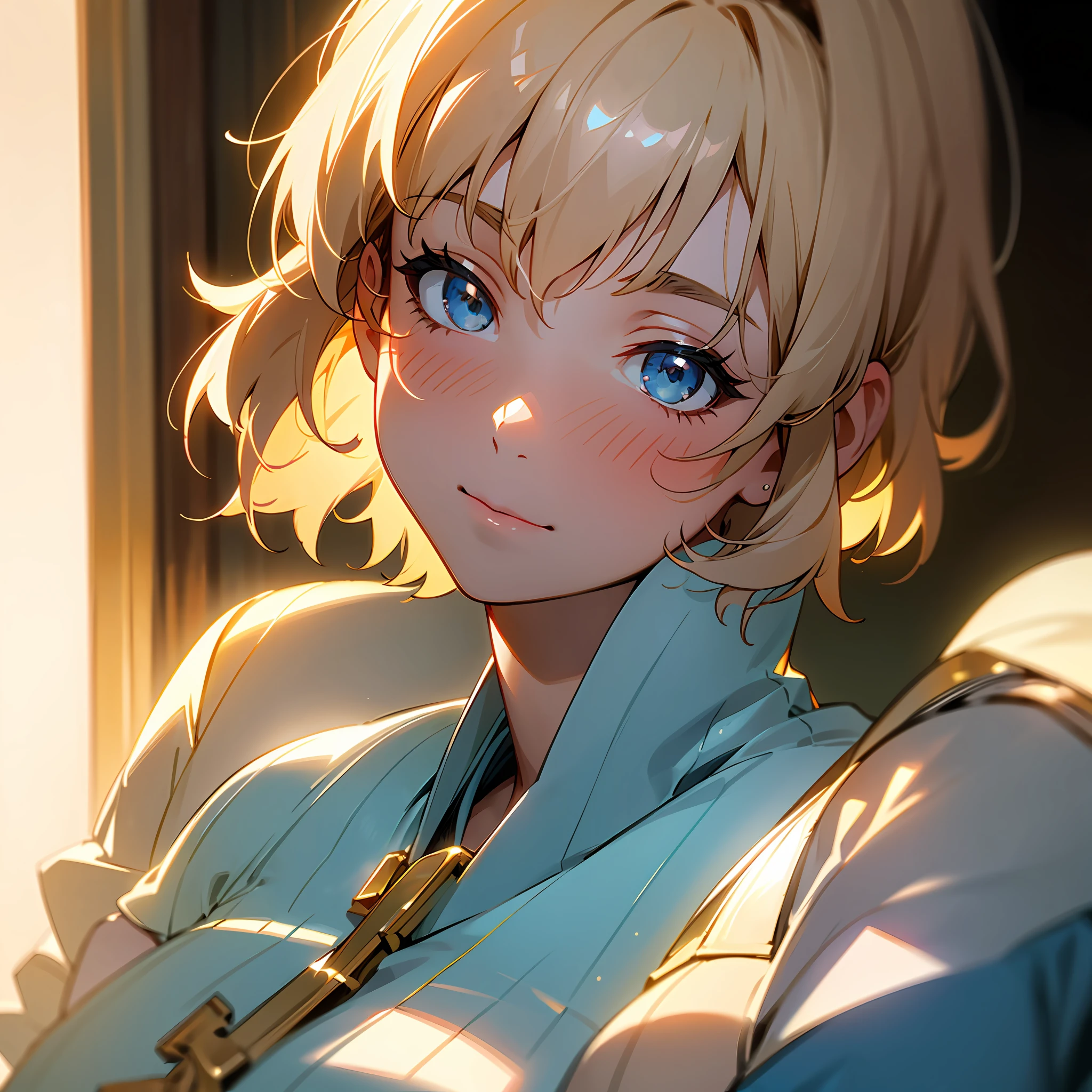 {best quality}, {{masterpiece}}, {an extremely delicate and beautiful},Outstanding light and shadow, extremely detailed wallpaper,Clear and bright sunlight,head portrait,1girl,big breast,Blush,short wave hair,Strong sunlight,,blue shirt,suit,Delicate hair,Real skin texture, sagging chest,clear pores and skin wrinkles,Wide shoulders,window,((strong light shines on the face)), upper body, --auto