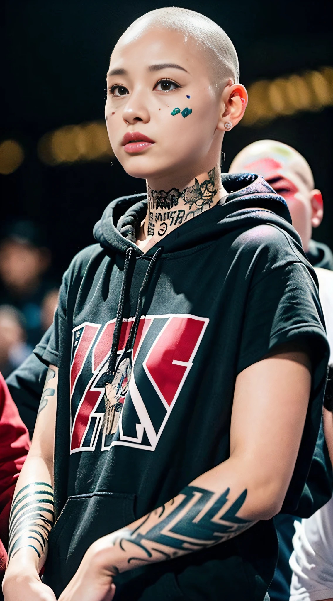 Tattooed on face, skinhead, female rapper, cloak, shaved head, runaway, 18 year old girl boxer in boxing arena