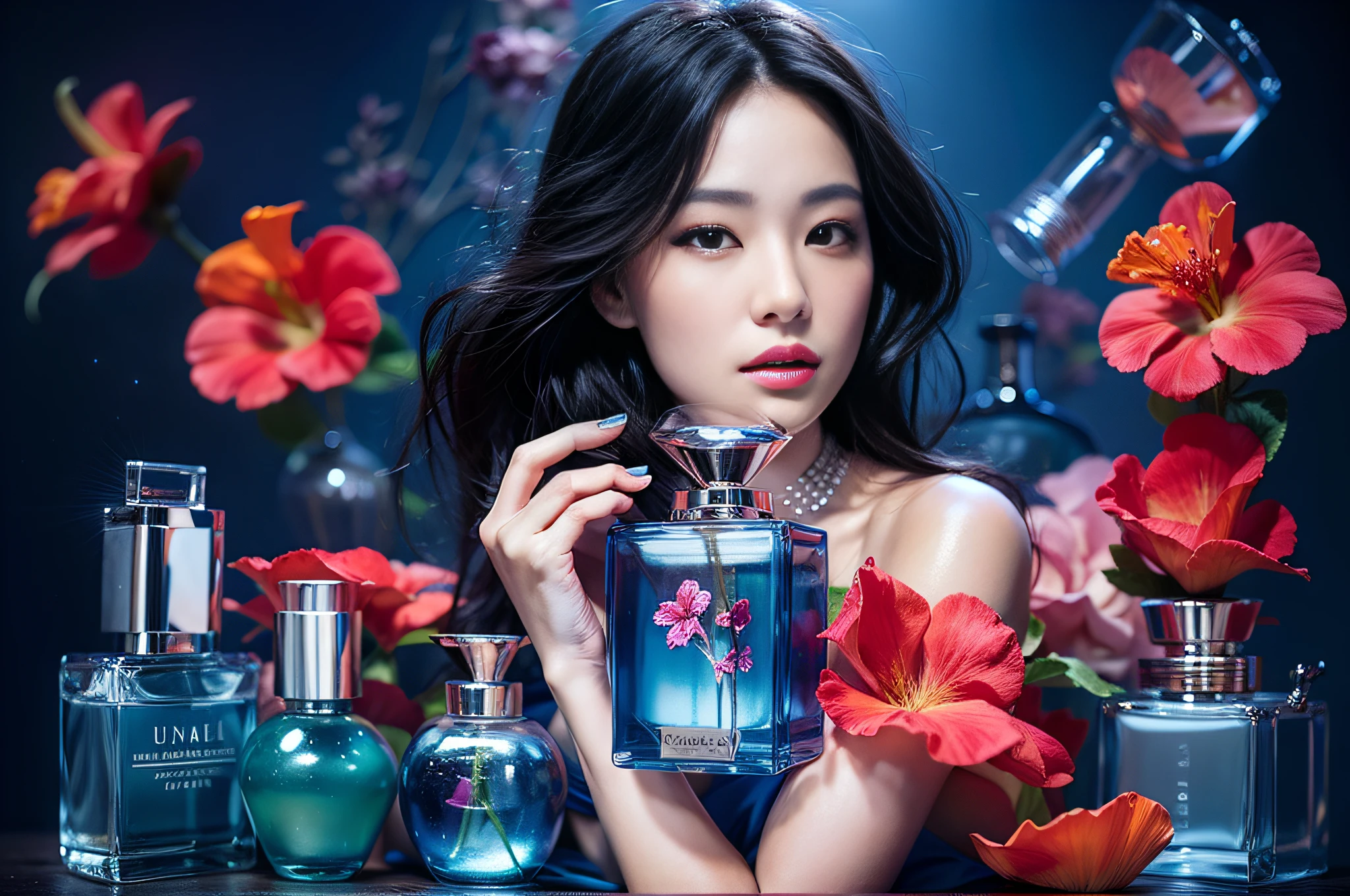 (Masterpiece), (intriciate detail), (Photorealistic:1.3), 1 cute Japanese model, Elegant magazine advertising model for cosmetics, Posing with cosmetics, Crystal material (perfume bottles), hibiscus, universe, Marine Blue Theme, Black background, studio_light,