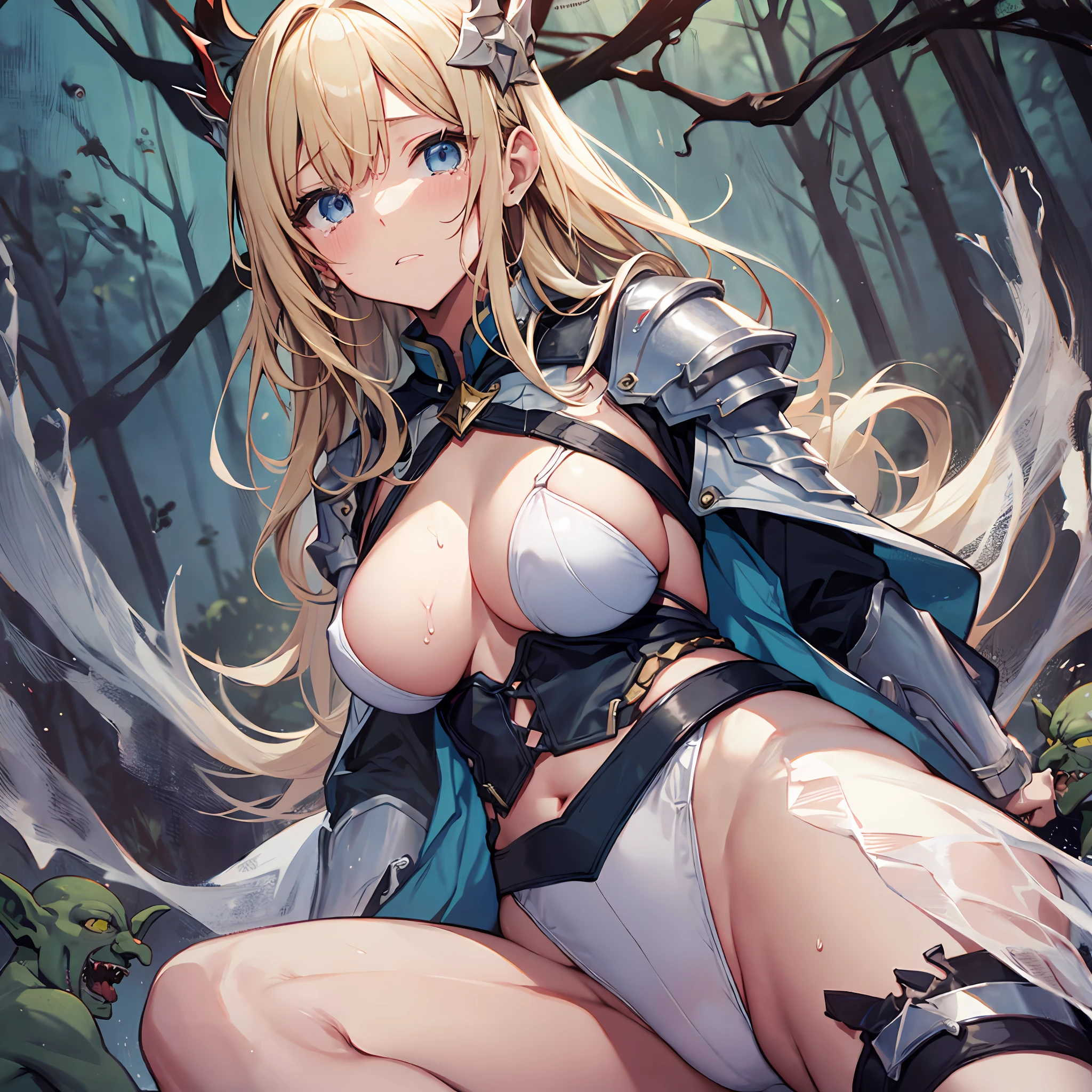 NSFW、masterpiece, top-quality, The ultra -The high-definition, Top resolution, ighly detailed, profetional lighting、animesque、1 girl in、A slender, Very cute, Young face, Hands are restrained、Armored dress, Blue and white armor、White inner、Golden decoration、ripped clothing、Wet clothes、Sheer clothes、Fluffy breasts、blonde hair, blue eyess, crying how bright、tears、lie on one's side、opening legs、raise her legs、cleavage of the breast、 (Multiple Goblins:1.5)、Attacked by goblins、in woods
