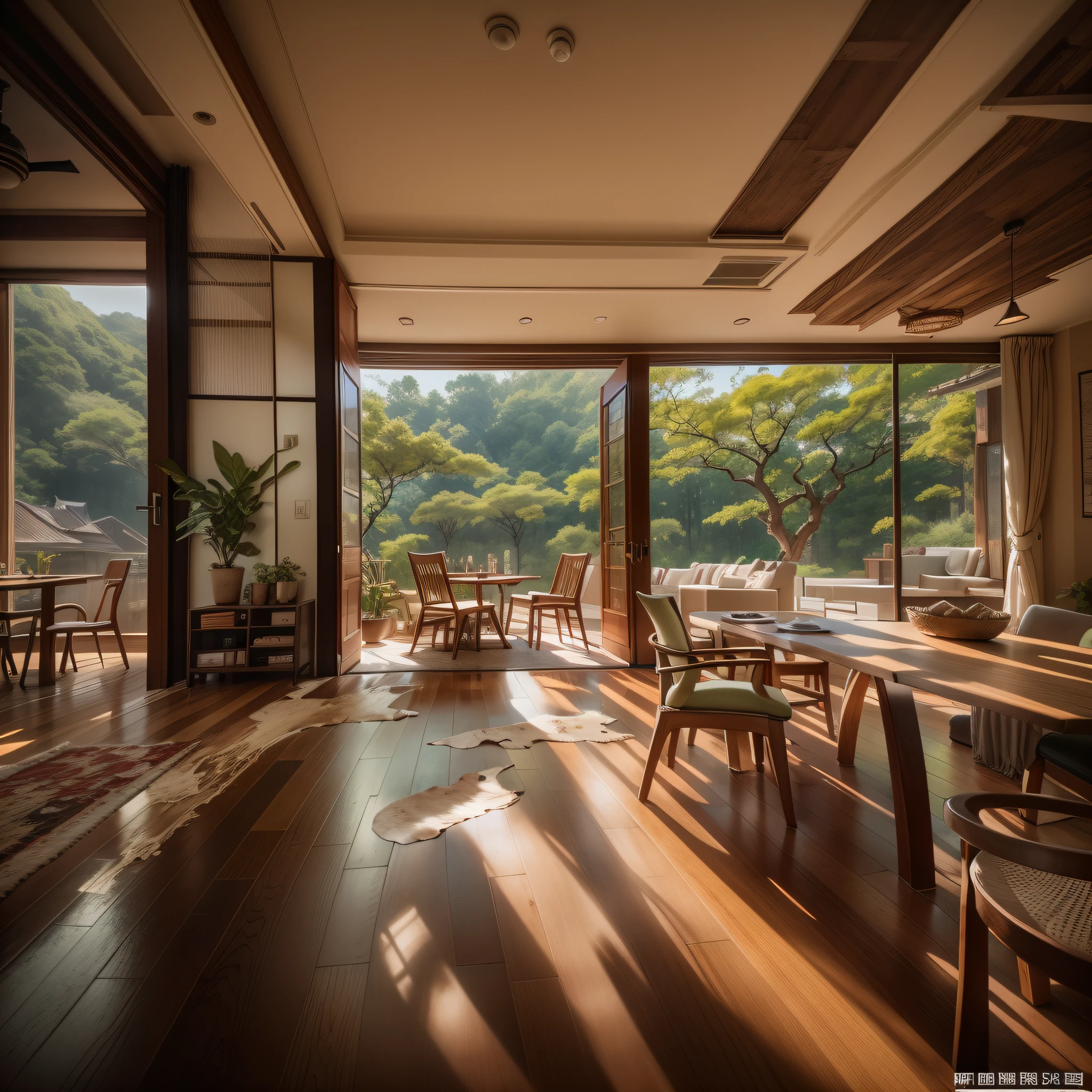 interior design、Insanely detailed wide-angle architectural photo、Cozy contemporary living room、(Bright and warm sunlight 1:0.1)、Award-winning contemporary interior design、landscapes、The table、a chair、in a house、Wooden flooring、window、resturant、east asian east asian architecture、sliding paper doors、abajour、architectural、the woods、naturey、cups、a plant、interior design、Insert lighting and shadows、depth of fields、low illuminance、