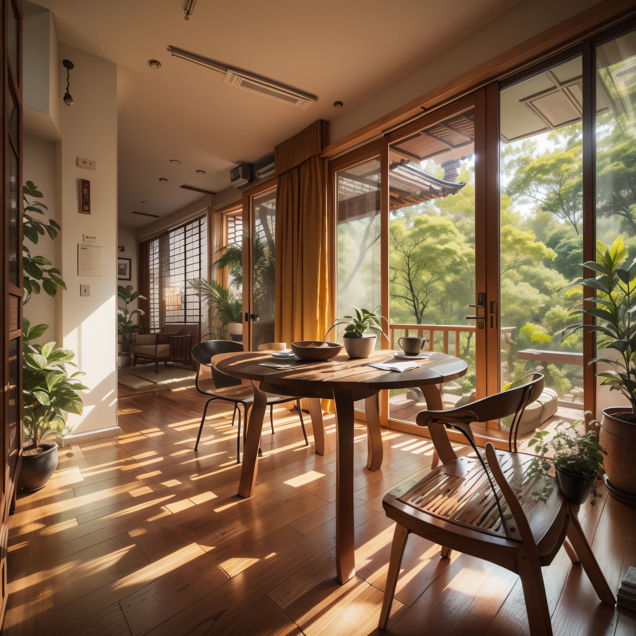 interior design、Insanely detailed wide-angle architectural photo、Cozy contemporary living room、(Bright and warm sunlight 1:0.1)、Award-winning contemporary interior design、landscapes、The table、a chair、in a house、Wooden flooring、window、resturant、east asian east asian architecture、sliding paper doors、abajour、architectural、the woods、naturey、cups、a plant、interior design、Insert lighting and shadows、depth of fields、low illuminance、