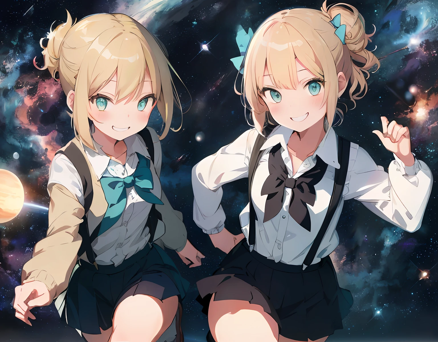 masterpiece, best quality, ultra-detailed, illustration, an extremely delicate and beautiful, cute, 2girls, running, blonde hair, aqua eyes, evil smile, hair bow, short hair, jacket, suspenders, space