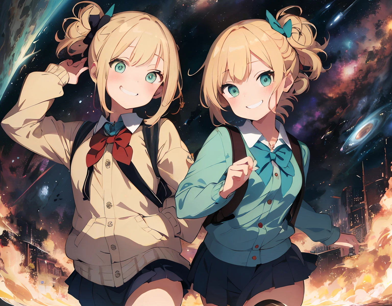 masterpiece, best quality, ultra-detailed, illustration, an extremely delicate and beautiful, cute, 2girls, running, blonde hair, aqua eyes, evil smile, hair bow, short hair, jacket, suspenders, space