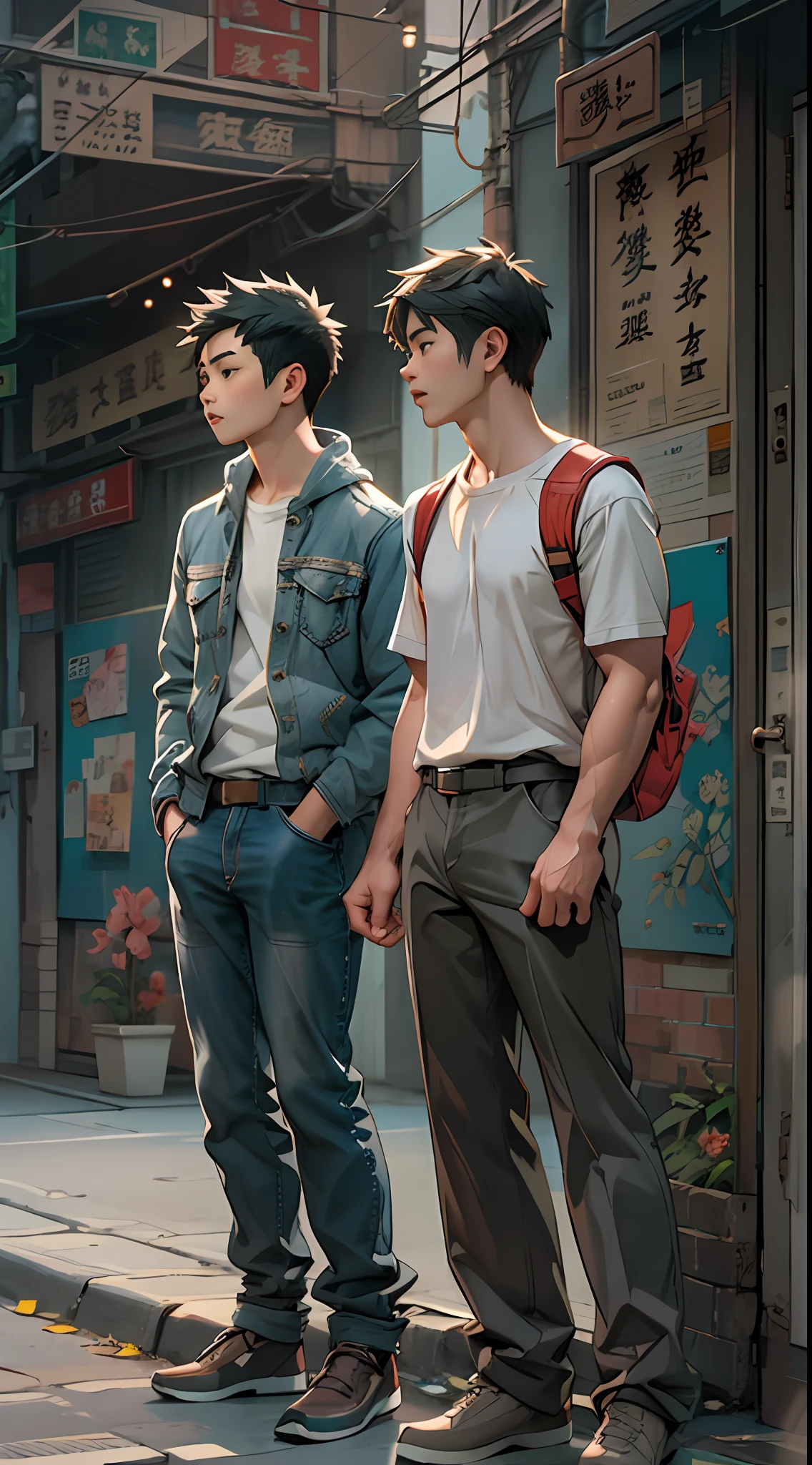 the two men are standing facing each other in the street, in the style of realist: lifelike accuracy, fairy academia, gongbi, hyper-realistic pop, warmcore, photo-realistic, meticulous design ,in the style of the stars art group xing xing, 32k, best quality, masterpiece, super detail, high details