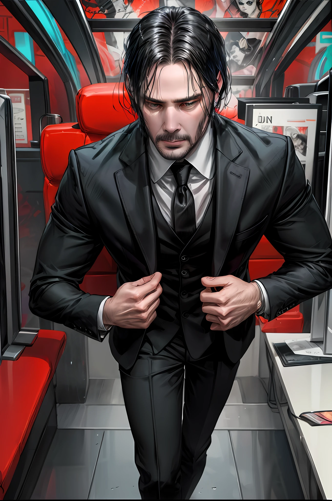 hard colors noir comix style John Wick, white and black and red