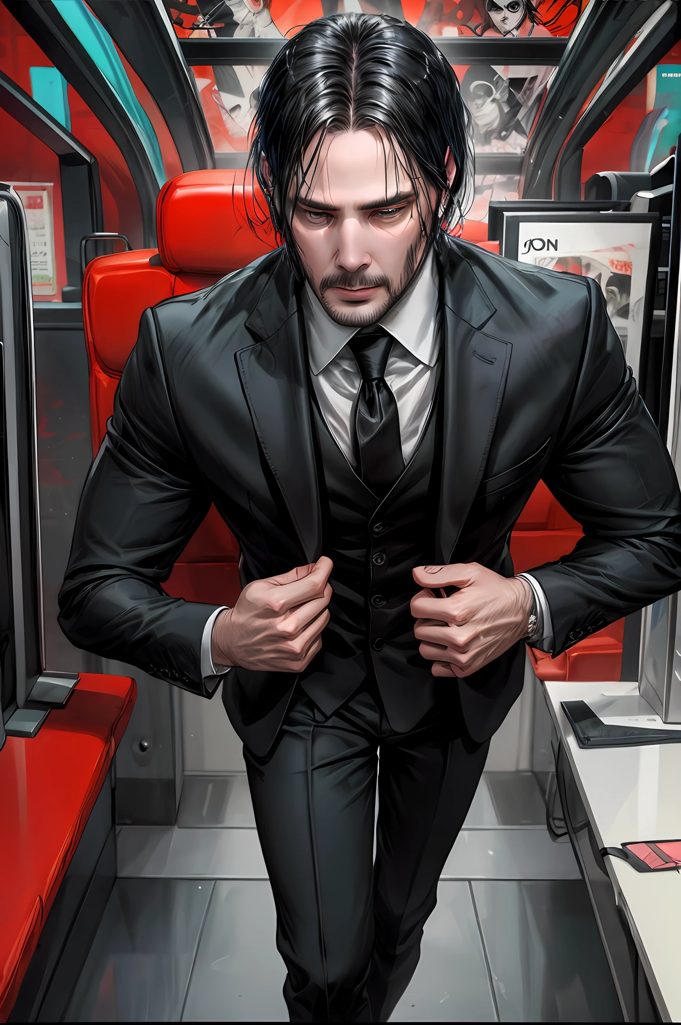 hard colors noir comix style John Wick, white and black and red