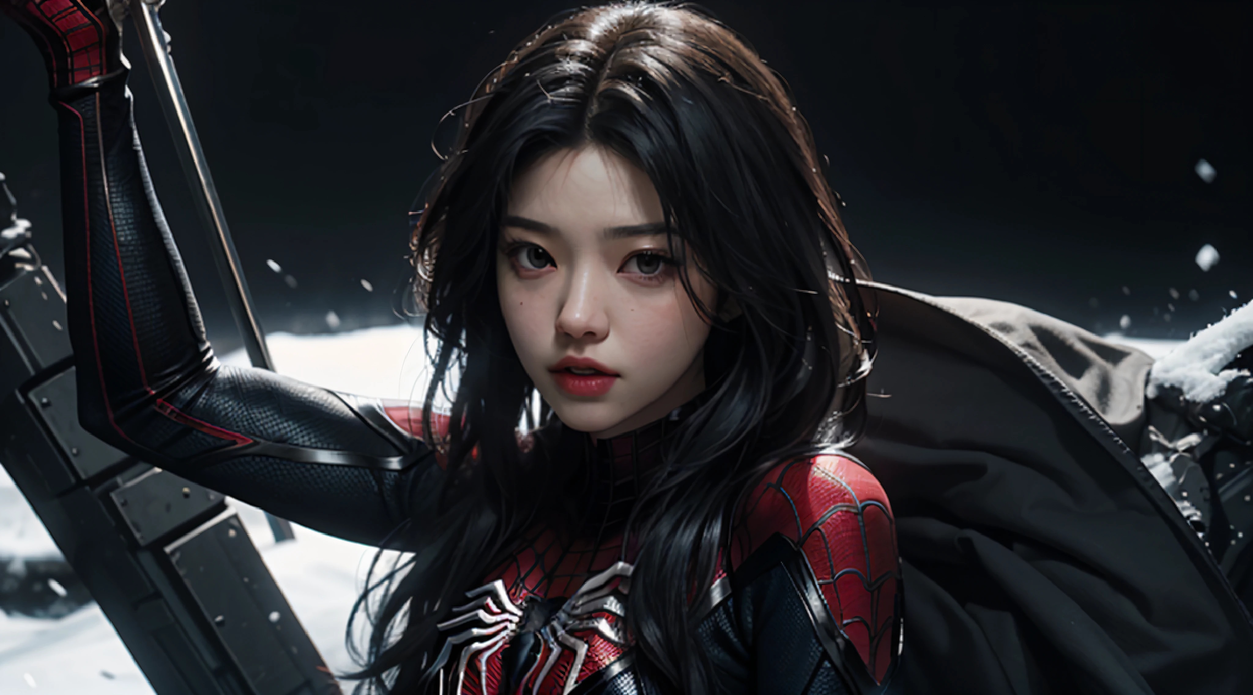 spider - man in a black and red suit standing in the snow, ( ( spiderwoman ) ), spider woman, medium close - up ( mcu ), park shin hye as a super villain, iu lee ji-eun as a super villain, spiderwoman!!, spiderwoman!!!!!, 4k post, 4 k post, in style of marvel, marvel style, style of marv