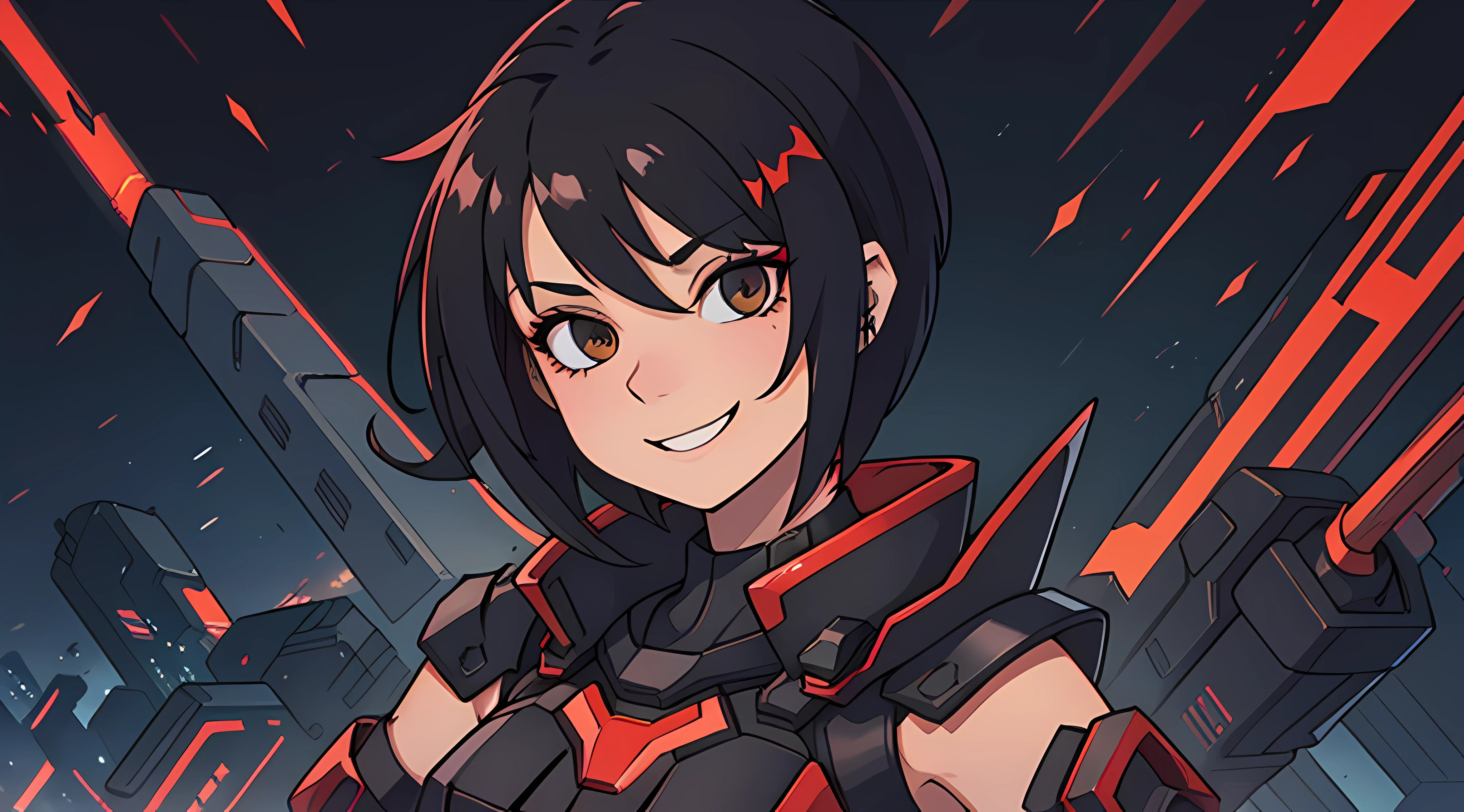 cyber woman,spiky hair,black red hair,metalic arms,smiling,scrach on face,short hair,kinda tomboy