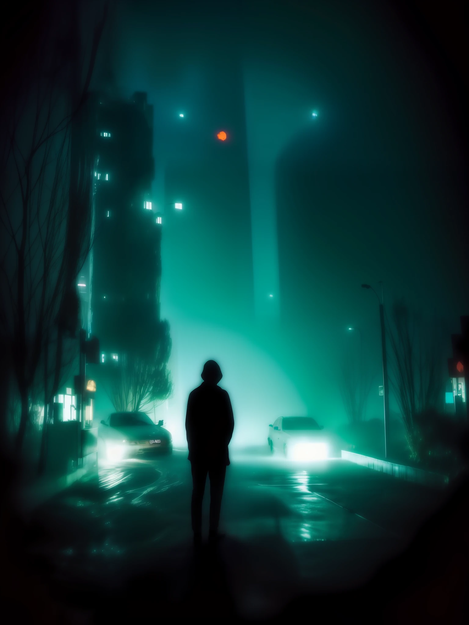 the dark side of the Jakarta city, eerie person silhouette, eerie thriller aesthetic!!!!, dark eerie photograph, dark eerie photo, u