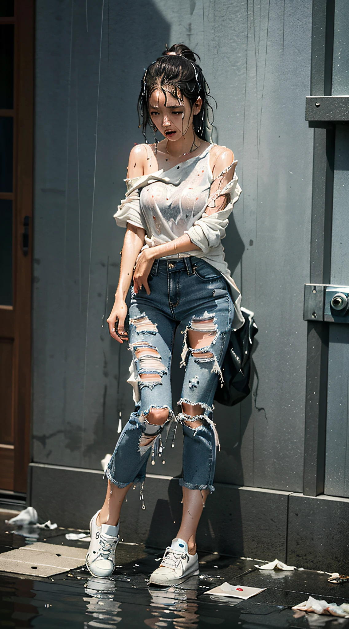 best image quality, masterpiece, super high resolution, (fidelity:1.4), photo, 1 girl, white shirt, torn jeans, white sneakers, dim, darkness, despair, pity, poor, movie, tears, teardrops, (torn clothes:1.5), (wet clothes:1.4), bare shoulders, real rain, wet hair,..