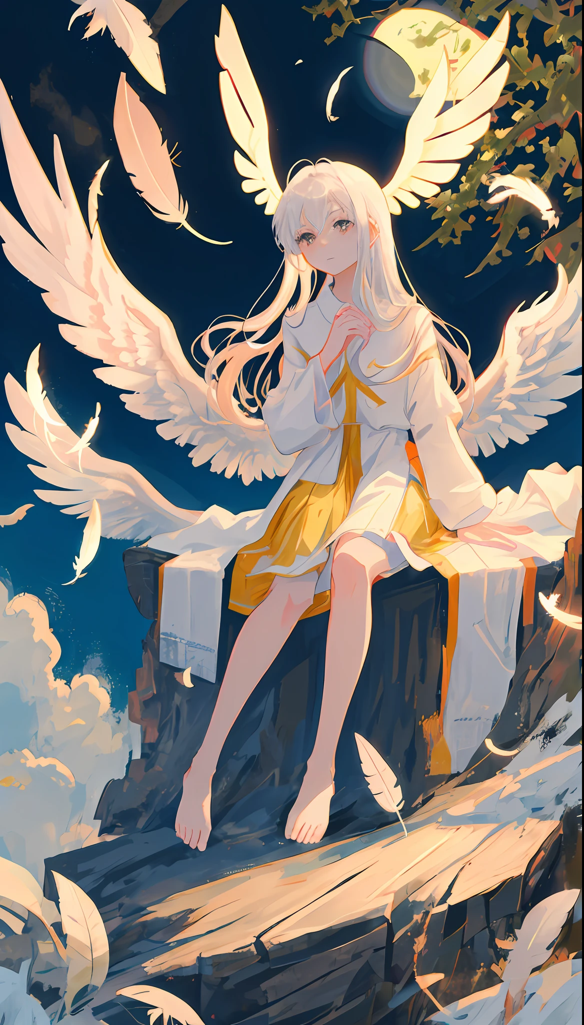 masutepiece,Best Quality,Super delicate,Two hands,2 legs,Five Fingers,1 girl,White long hair,White-eyed,Philosophical,Angel wings,Circle of Angels,Say a Prayer,Feathers flutter around the perimeter,sacred place,Sit up,1 piece of white cloth,High quality,hight resolution,fullmoon,animesque