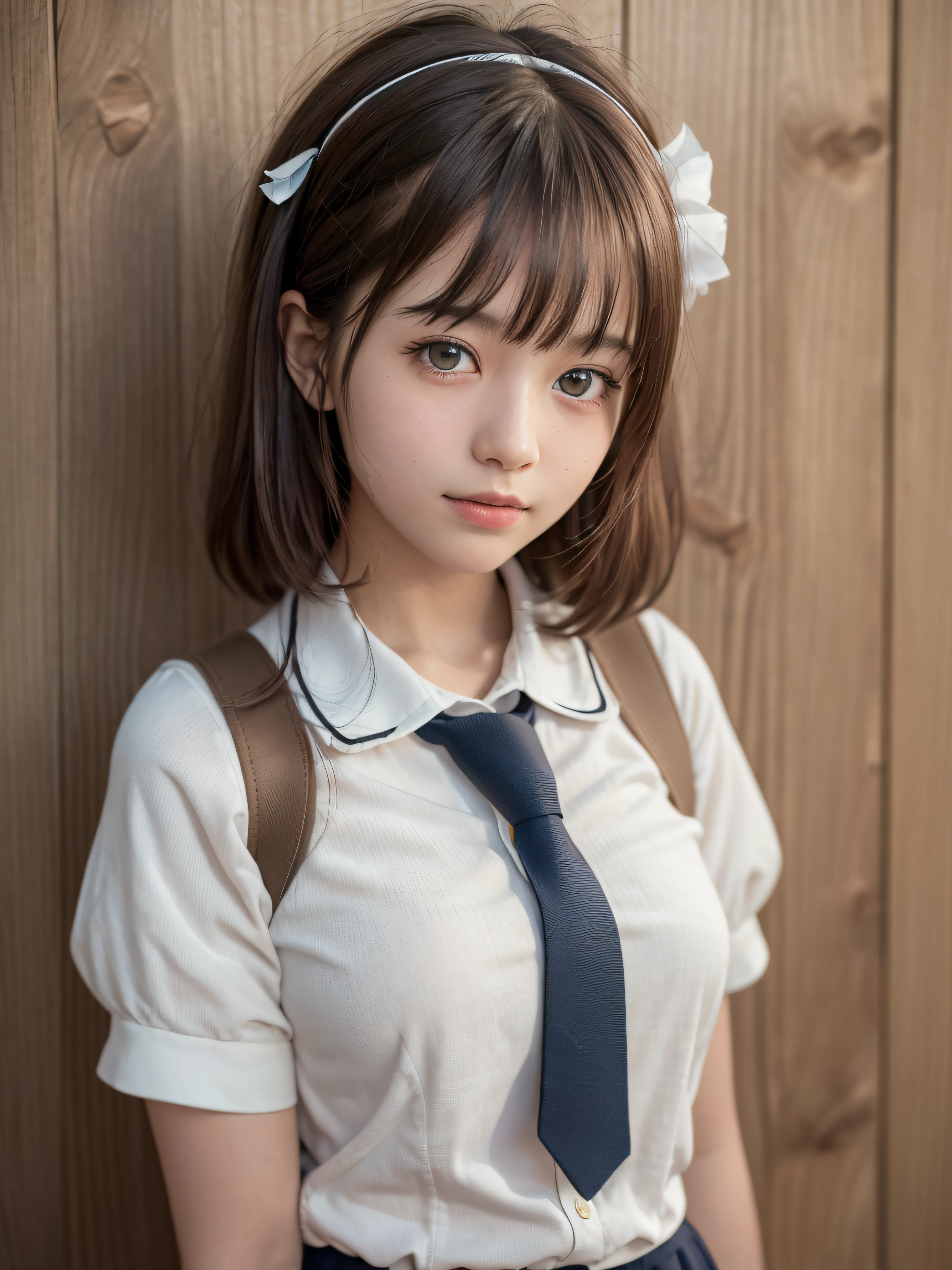 (realistic, photo-realistic:1.37), incredibly absurdres, (insanely detailed:1.3), 8k, (masterpiece), (best quality:1.4), (ultra high res:1.2), (RAW photo:1.2), (unity 8k wallpaper), 1 nogizaka girl, utterly cute, (bishojo:1.35), (15yo:1.4), ((short-sleeved school uniform with white)), perfect anatomy, hair accessory with blue rose, an exquisitely detailed and beautiful face and eyes and skin, detailed shine hair, medium breasts, smile at the camera, cowboy shot, the way from school to home, ultra detailed background, professional lighting
