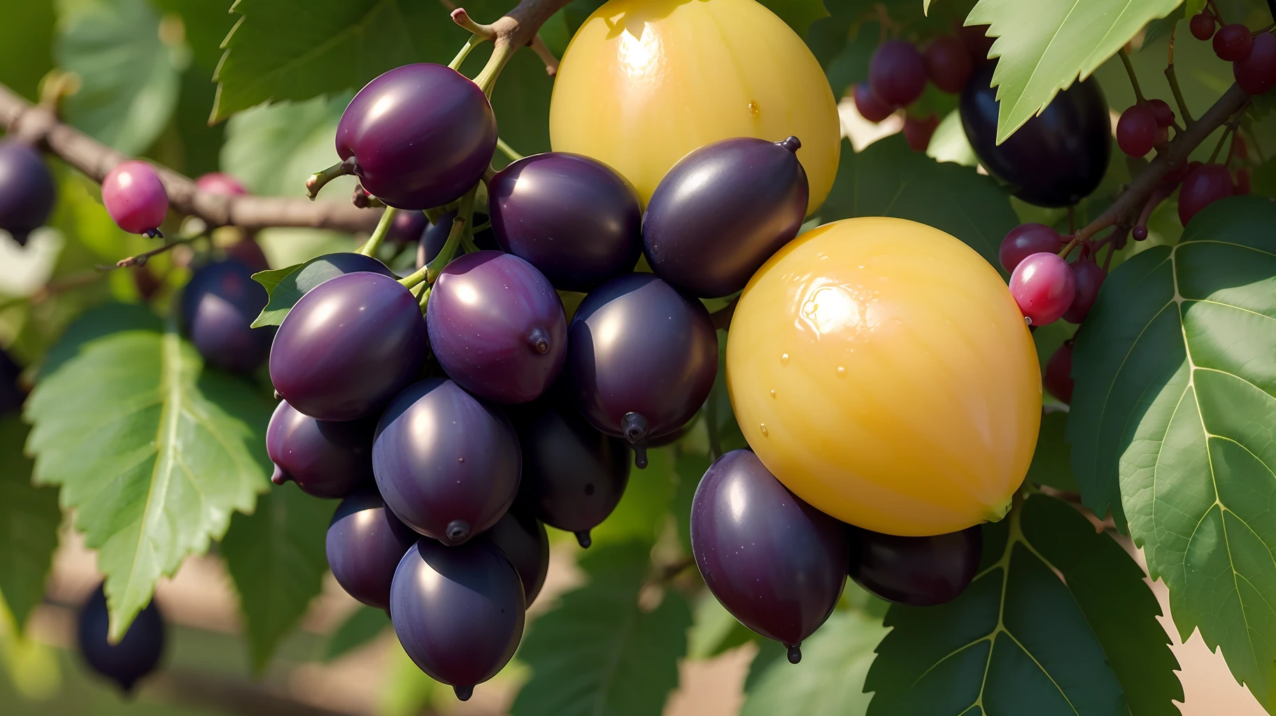 (extremely detailed CG unity 8k wallpaper, masterpiece, best quality, ultra-detailed), (best illumination, best shadow, an extremely delicate and beautiful), floating, vibrant colors, sun-soaked, large bunches of grapes (Uvas), deep purple and green hues, dew drops, close-up shot.