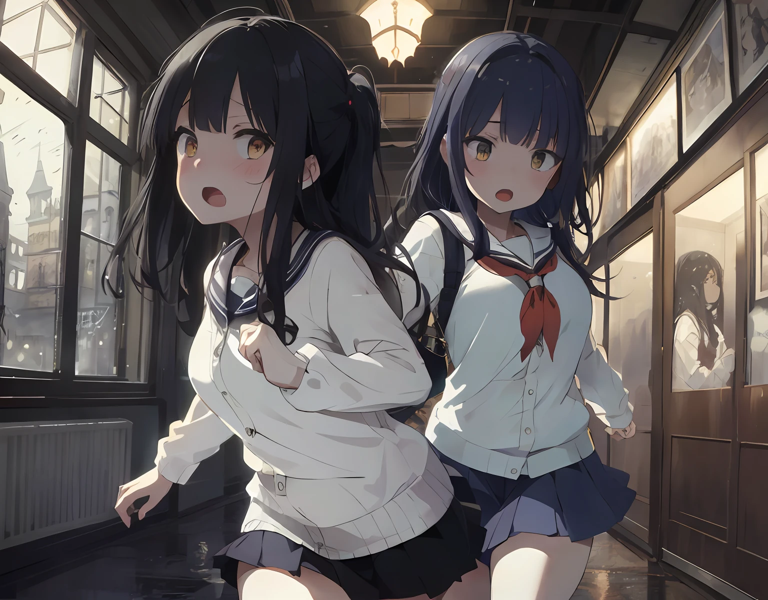 masterpiece, best quality, ultra-detailed, illustration, an extremely delicate and beautiful, cute, 2girls, yuri ,2girls holding hands and running, energetic, active, cute, black hair, labyrinth, Mysterious world, night, rain outside the window, lanthanum, search, adventure, run away, chased, dark blue colored skirt, intricate building, complex architecture, dynamic angle, cinematic angle, indoor , wide shot, run, huge building, dark and light, troubled eyebrows, scared, anguish, white blouse, decadent, drifting, where are we? , looking around, fisheye lens, vulgarity, open mouth, panty shot,line, pretty panties, breast grab, heavy breathing, trembling, torn clothes,