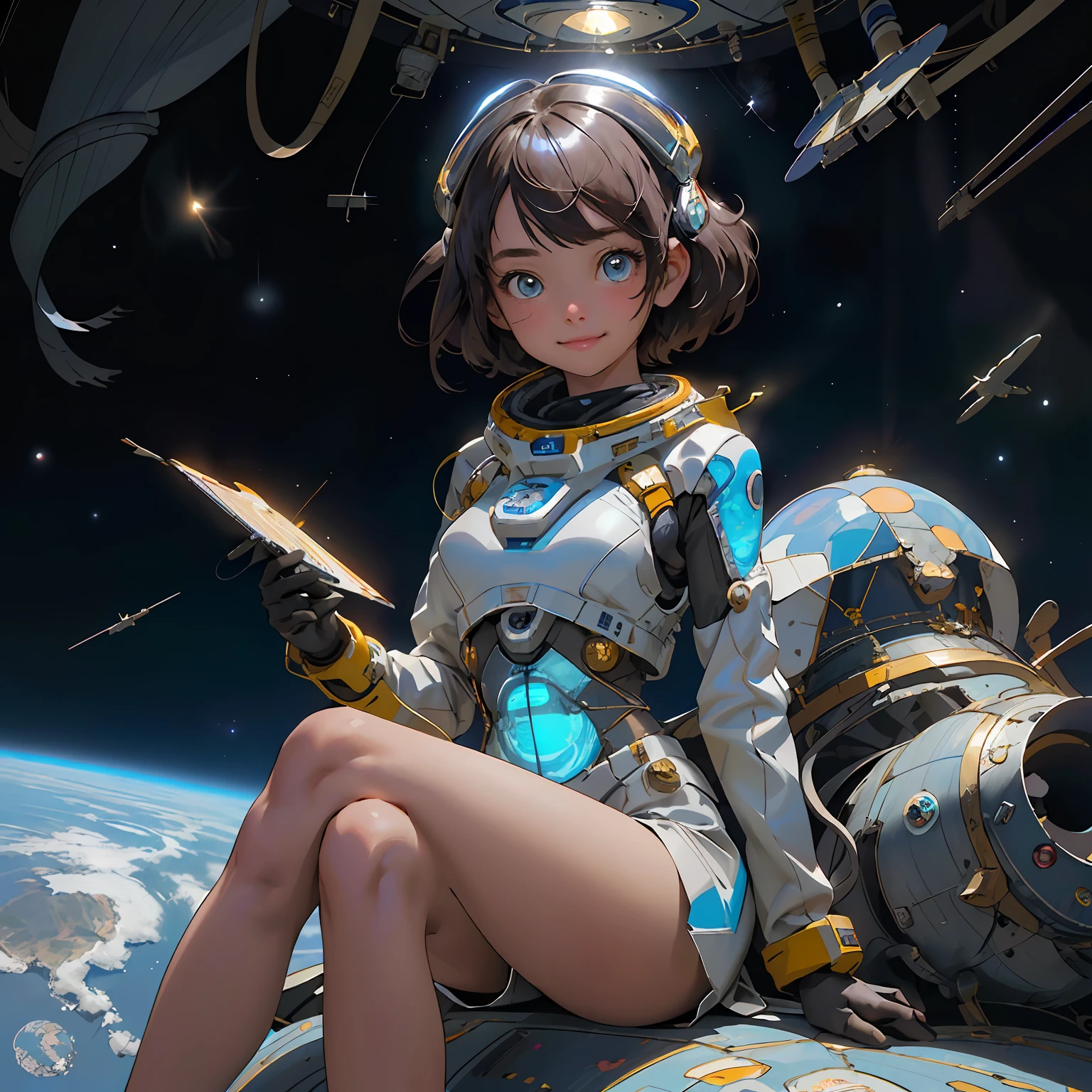 ((1girl,solo))absurdres, highres, ultra detailed, (1girl:1.3), (disheveled hair,beautiful detailed eyes,shiny oily skin:1.1),
smile or open mouse,
sitting in the cockpit of a spacecraft
many stars and numerous spacecraft moving around
giant stars, the sun, and the moon
spacecraft
astronaut
Robots and artificial intelligence devices
space helmet
comet
tangle of wires