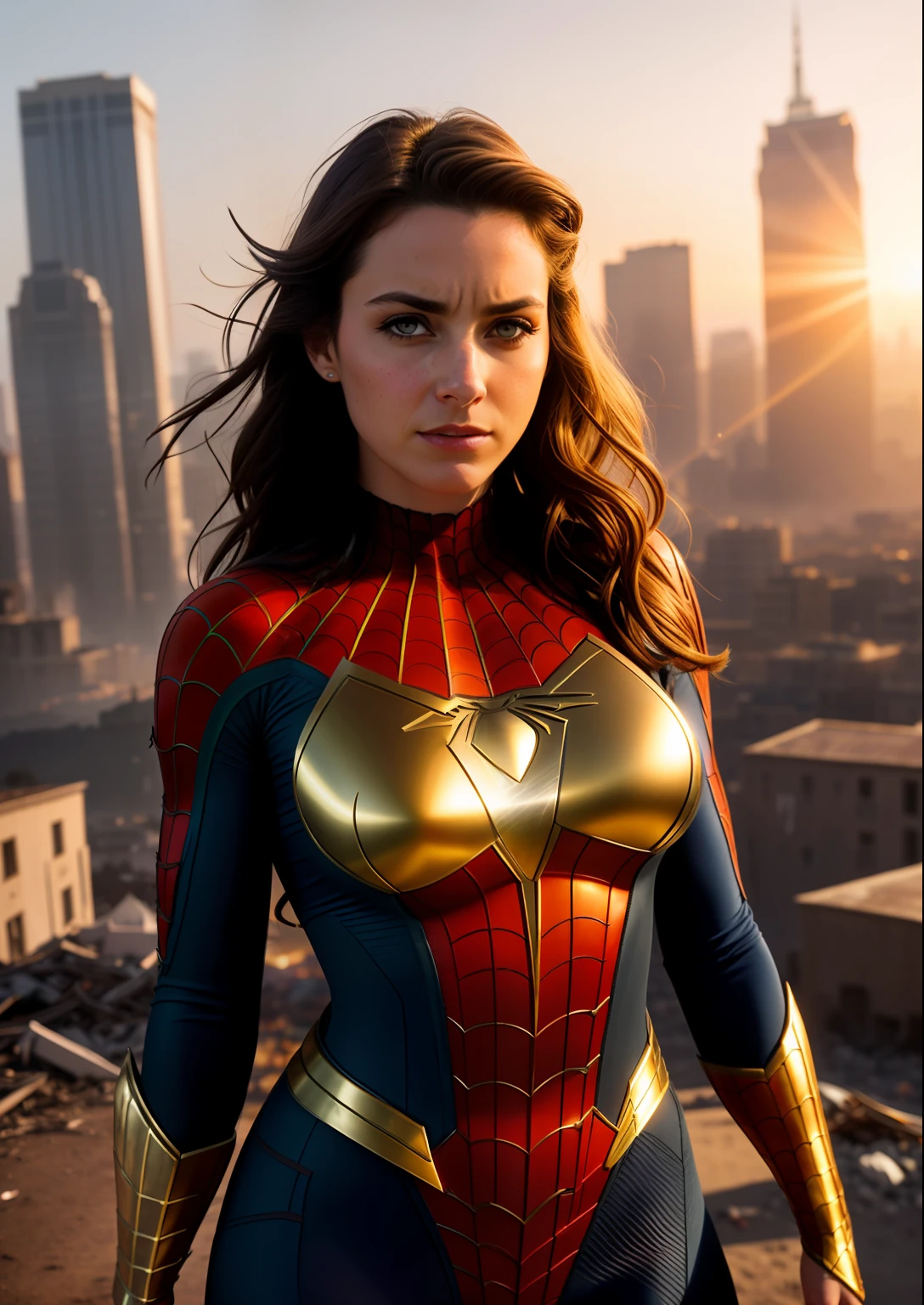 Beautiful woman of European appearance in a detailed brown Spider-Man costume, big breastes, Superhero Pose catches, Joyful, Standing in a ruined city at sunset, hyper-detailing, Smoke, sparks, sunlight rays (8 thousand), Realistic, Symmetrical, Award-winning, Cinematic Lightning, impregnated with film, 75 mm, scratches, Full-body shot, a closeup of a, torn and dirty clothes, detailized face,