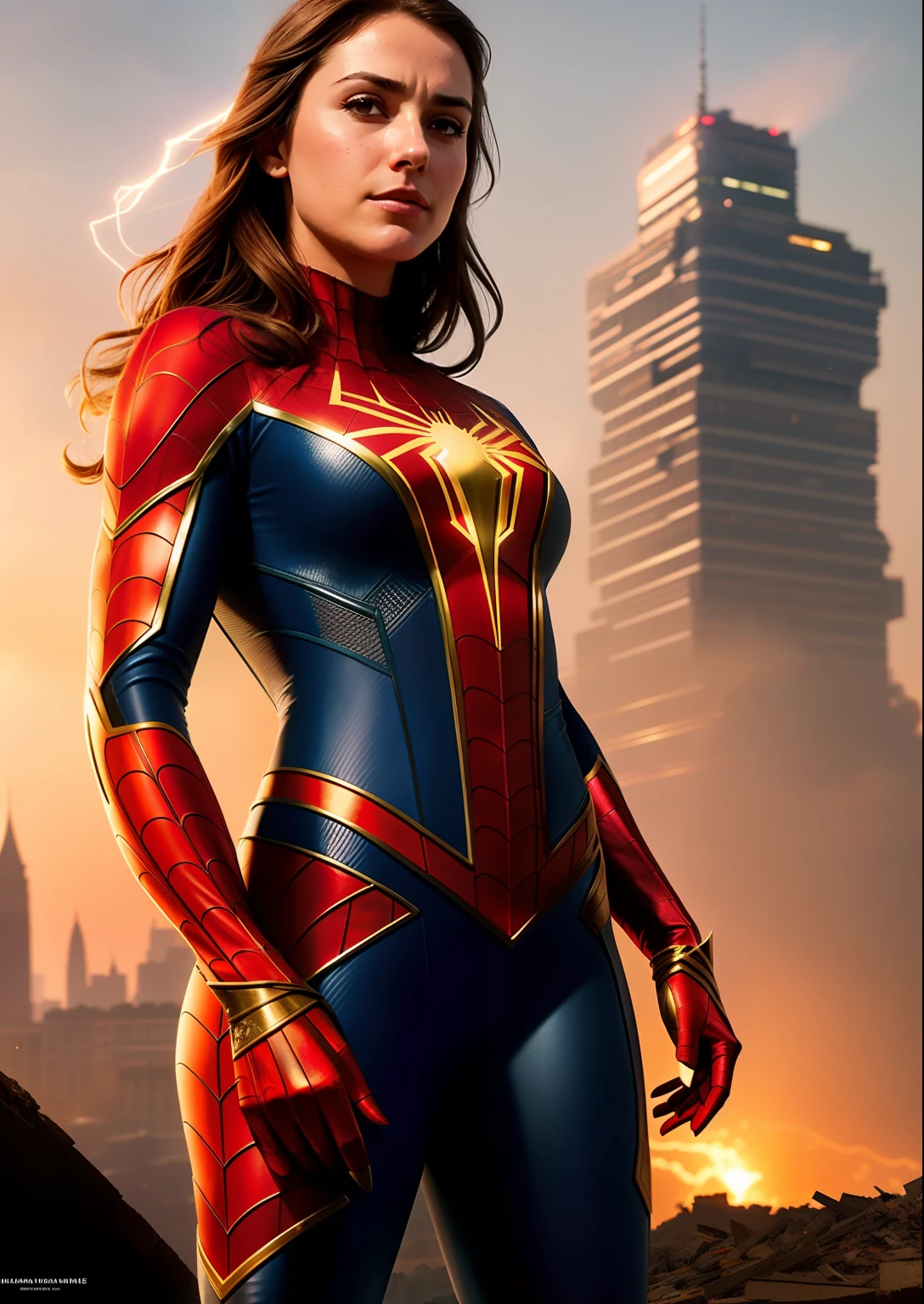 Beautiful woman of European appearance in a detailed brown Spider-Man costume, big breastes, Superhero Pose catches, Joyful, Standing in a ruined city at sunset, hyper-detailing, Smoke, sparks, sunlight rays (8 thousand), Realistic, Symmetrical, Award-winning, Cinematic Lightning, impregnated with film, 75 mm, scratches, Full-body shot, a closeup of a, torn and dirty clothes, detailized face,