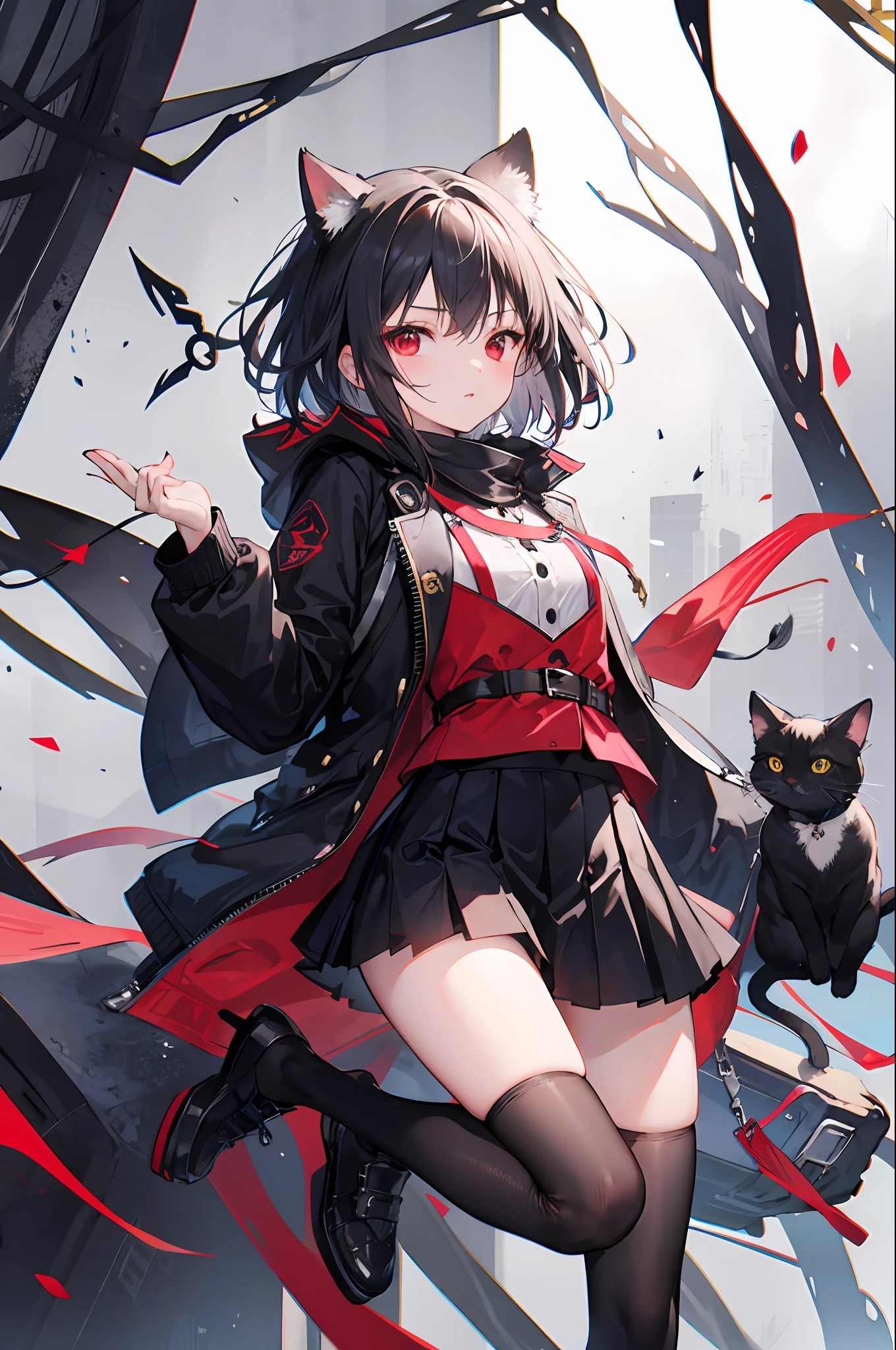 1girll,Cat lady,short skirt,Black stockings,whaite hair,Red eyes,inns,