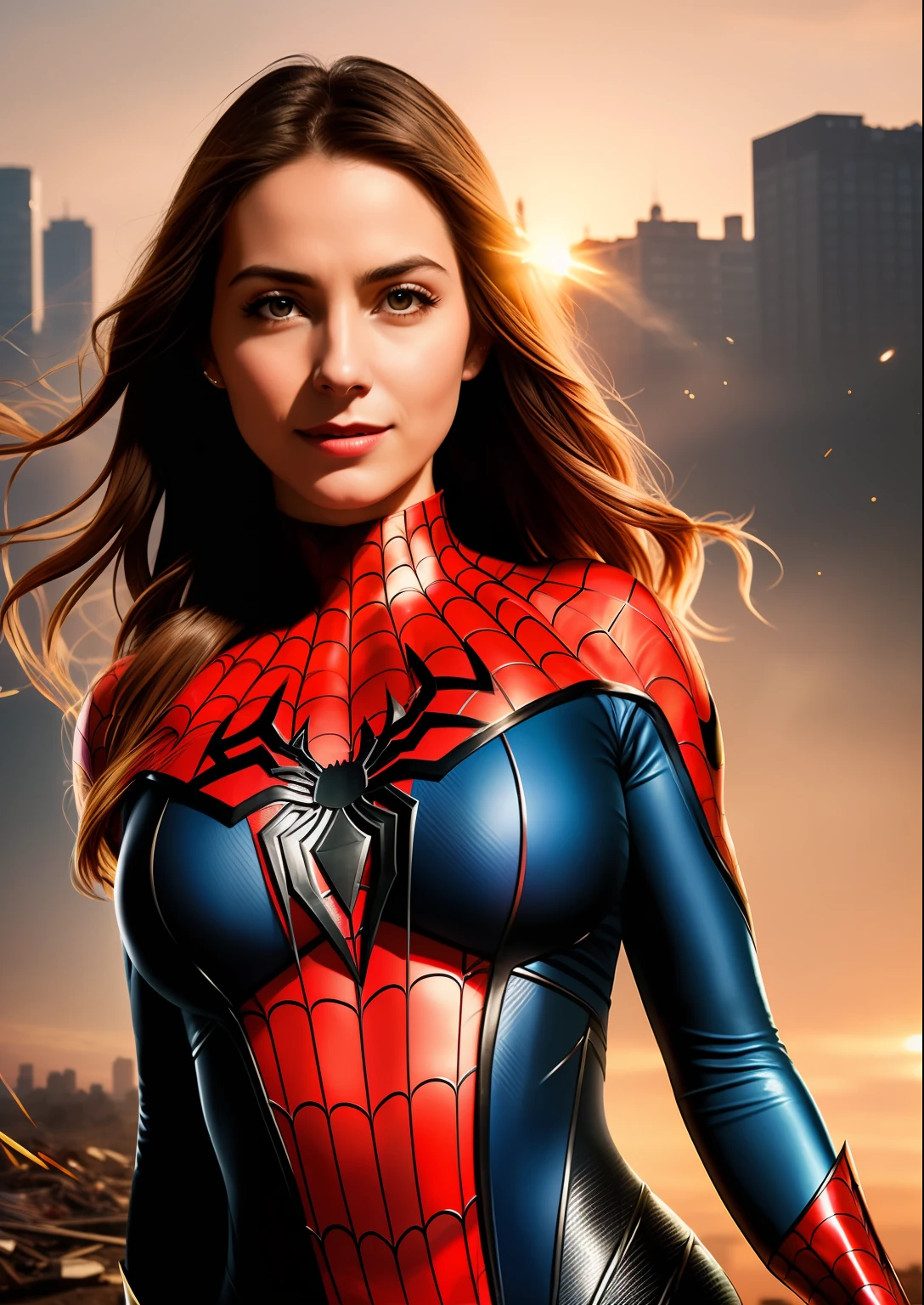 Beautiful woman of European appearance in a detailed Spider-Man costume, big breastes, laughting, ssmile, Joyful, opened mouth, Portrait in the background in a ruined city at sunset, hyper-detailing, Smoke, sparks, sunlight rays (8 thousand), Realistic, Symmetrical, Award-winning, Cinematic Lightning, impregnated with film, 75 mm, scratches,  a closeup of a, torn and dirty clothes, detailized face,