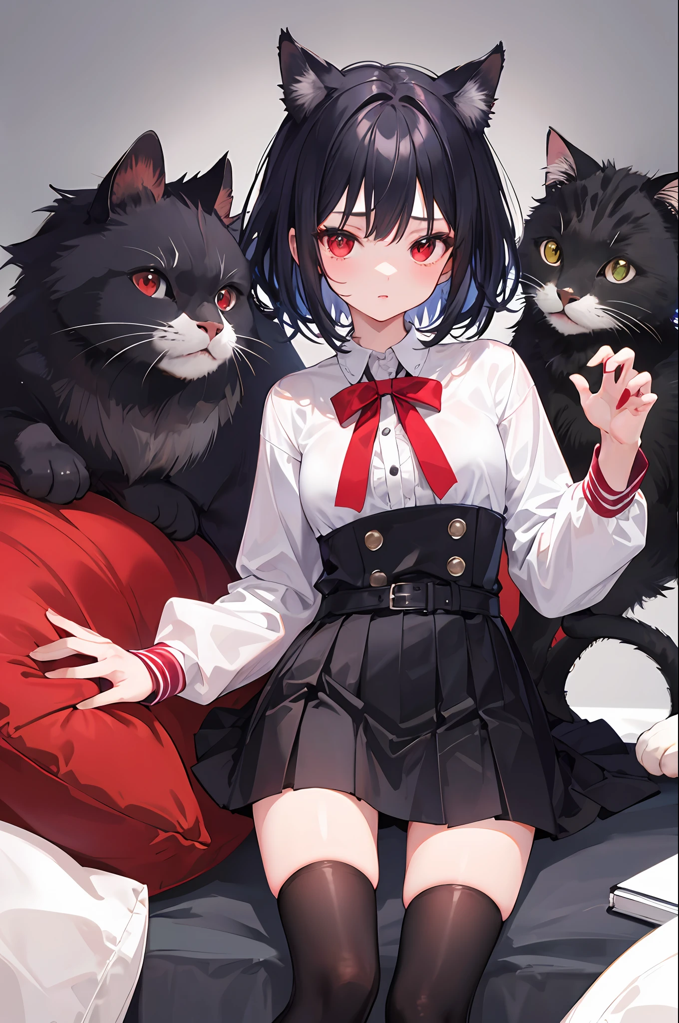 1girll，Cat lady，short  skirt，Black stockings，whaite hair，Red eyes，inns，