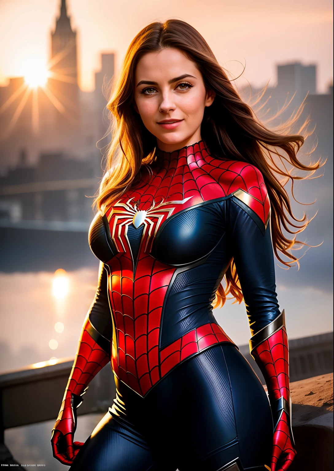 Beautiful woman of European appearance in a detailed Spider-Man costume, big breastes, laughting, ssmile, Joyful, opened mouth, Portrait in the background in a ruined city at sunset, hyper-detailing, Smoke, sparks, sunlight rays (8 thousand), Realistic, Symmetrical, Award-winning, Cinematic Lightning, impregnated with film, 75 mm, scratches,  a closeup of a, torn and dirty clothes, detailized face,