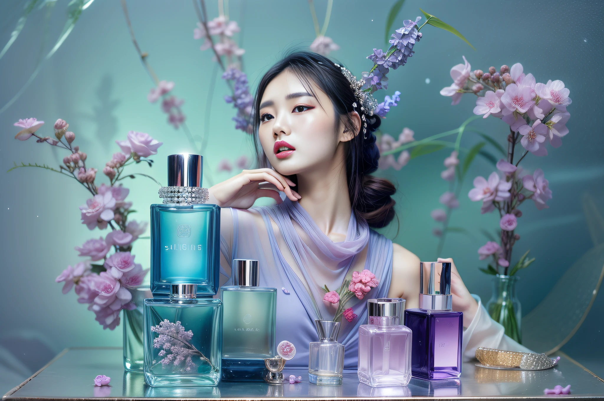 (Masterpiece), (intriciate detail), (Photorealistic:1.3), 1 cute Japanese model, Elegant magazine advertising model for cosmetics, Posing with cosmetics, Crystal material (perfume bottles), lilac, universe, Marine Blue Theme, Black background, studio_light,