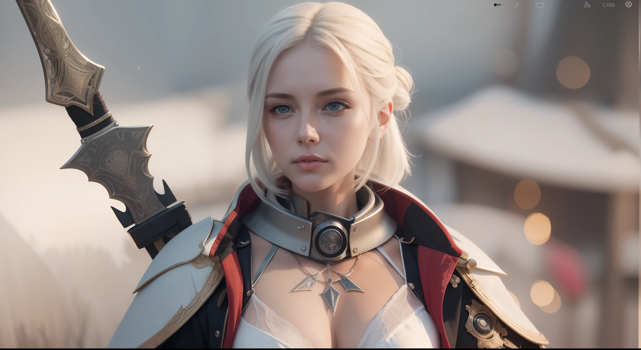 Cirilla Fiona Elen Riannon,Highest image quality,Outstanding details,超高分辨率,(Fidelity:1.4), Favor the details,closeup cleavage,dawn,Snow,winter,Behind it is the wizard's sword,He has a delicate and beautiful face,((Red and white semi-mechanical body:1.8)),Raised sexy,frontage,cyber punk perssonage,Futuristic,mechanically aesthetic,Virtual Engine 5,Perfect detail rendering,rendering by octane,hyper HD