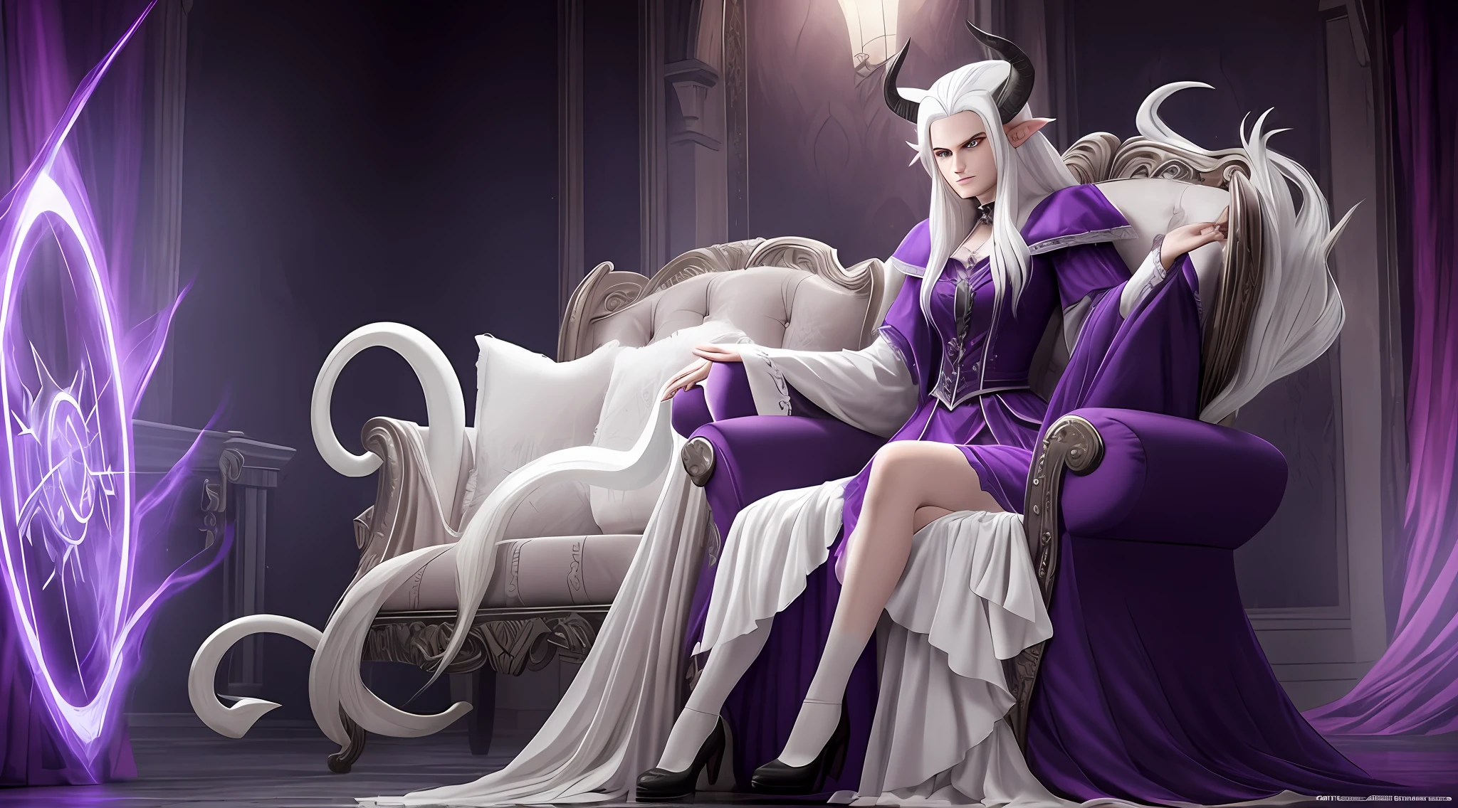 personagem decane do grand chase classic |, white hair with horns on the head. usa laminas flutuantes, Lunatic witch with pink eye pupil in an armchair in castle