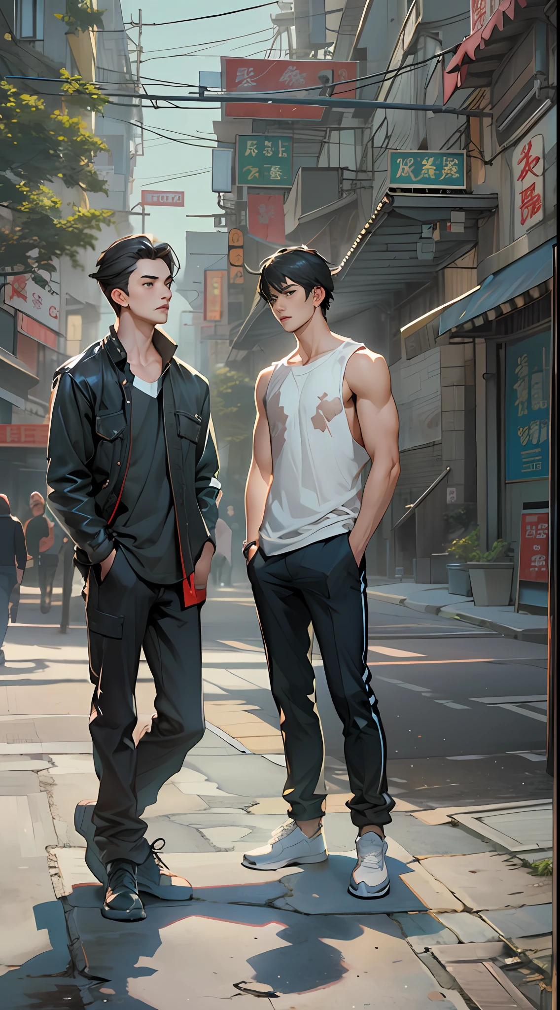 two men standing outside on the street, in the style of kawacy, realistic lifelike figures, kris knight, xiaofei yue, matte photo, ripped, handsome,in the style of the stars art group xing xing, 32k, best quality, masterpiece, super detail, high details